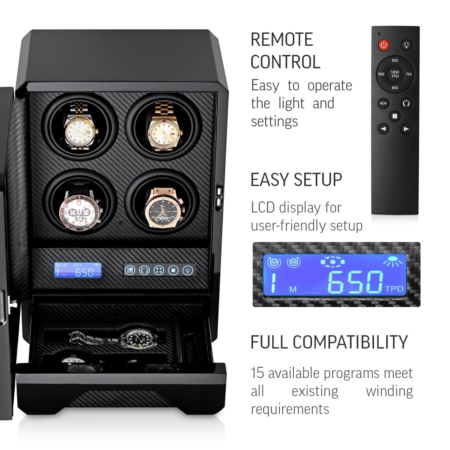 Automatic Watch Winder for 4 Watches with LED Light, LCD Display, Remote Control and Storage Drawer (Black)