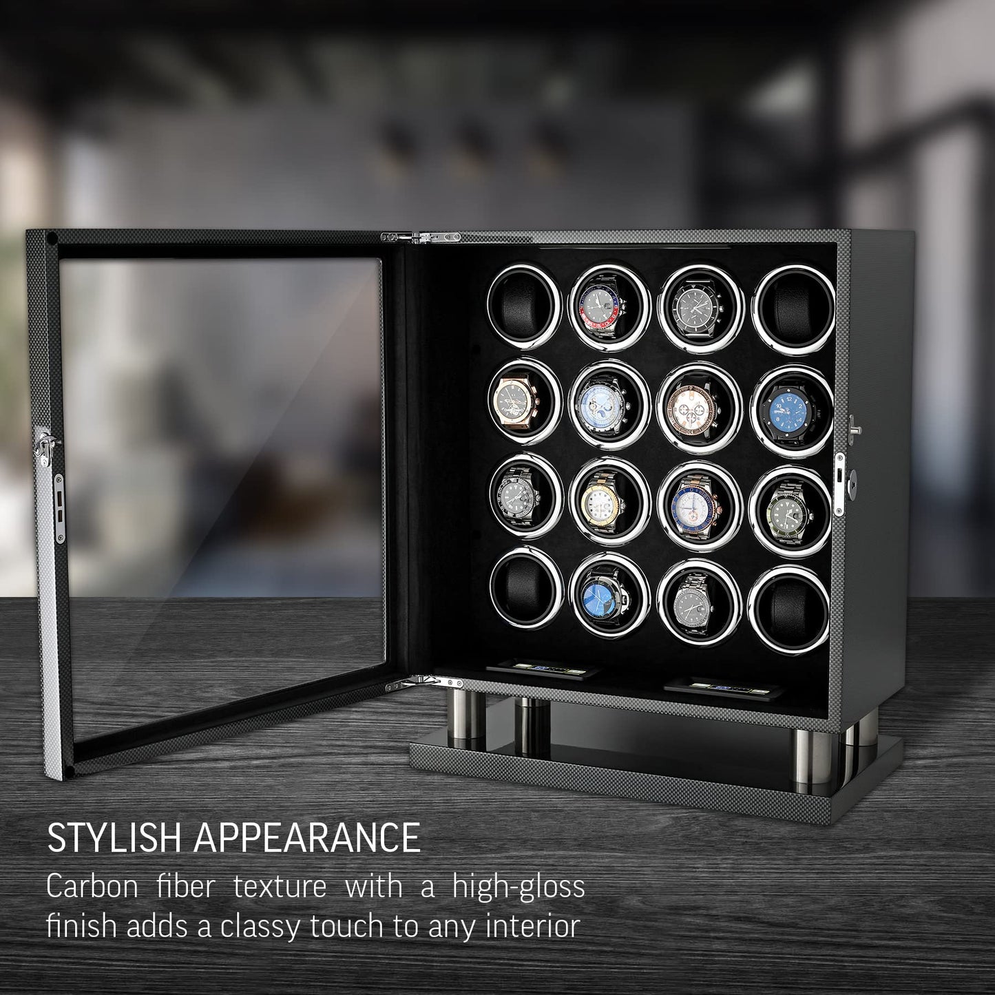 16 Watch Winder for Automatic Watches with LED Light and Coordinated Rotor Stop (Carbon)