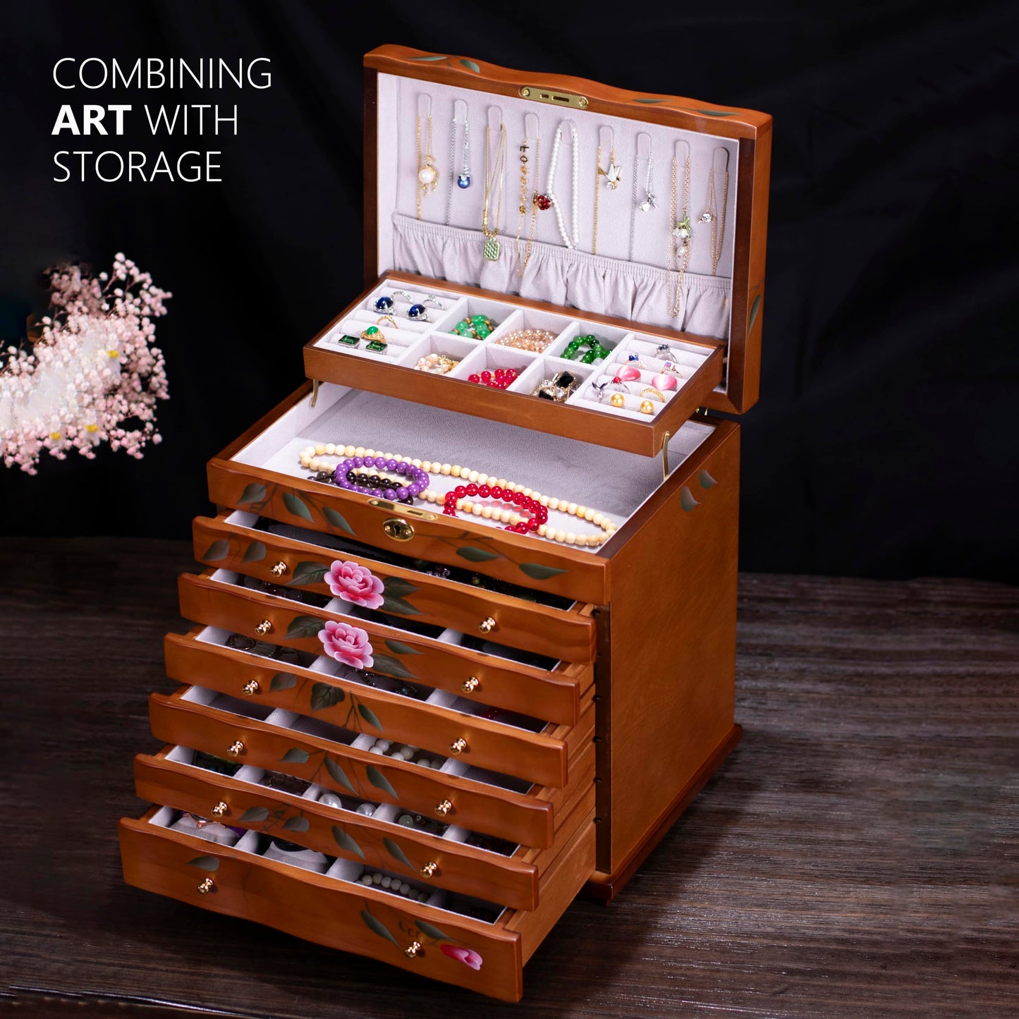 Xloverise Hand-Painted Wooden Jewelry boxes for women,large jewlrey box&organizers for necklace hanger,jewerly organizer,9-layer large capacity jewelry storage box,jewelry cabinet