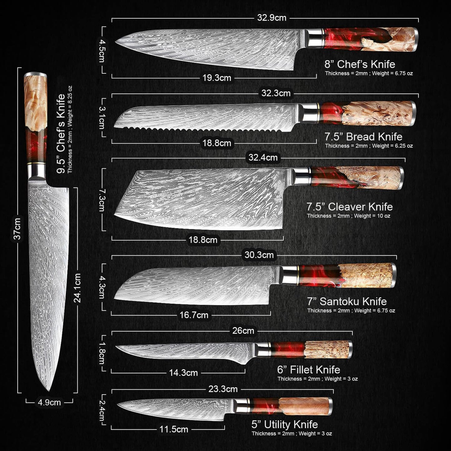 SENKEN 7-Piece Damascus Kitchen Knife Set - Tsunami Collection - 67-Layer Japanese VG10 Steel - Chef's Knife, Cleaver, Santoku, Bread, Boning, & More (Red Resin Blend)