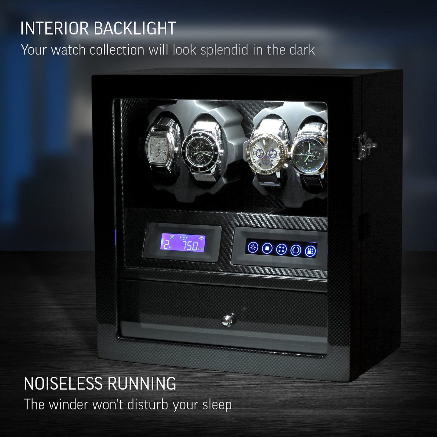 4 Watch Winder with 5 Watch Storage Space, LCD Display, Touch Control and Interior Light (Carbon + Black)