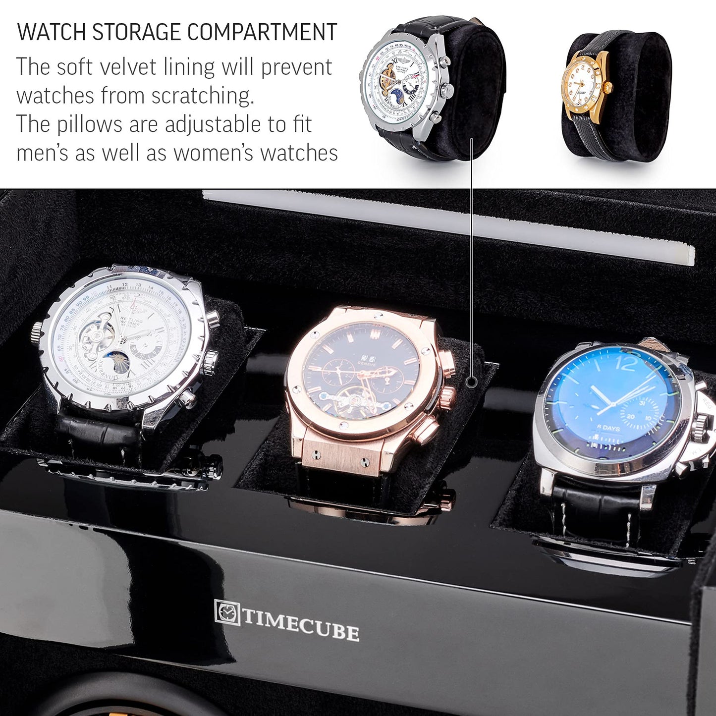 TIMECUBE Watch Winder for 4 Watches with 15 Winding Programs and 3 Watch Storage Slots (Black)
