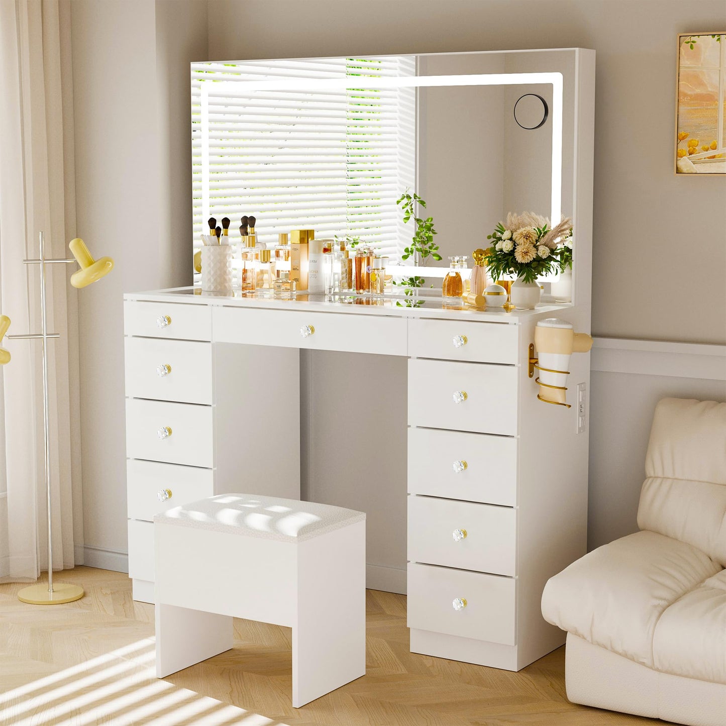 Pamapic Glass Top Makeup Vanity with Crystal Handles, 11 Drawers Vanity Desk with Mirror and Stool, 3 Lighting Modes Dressing Table with Charging Station, White