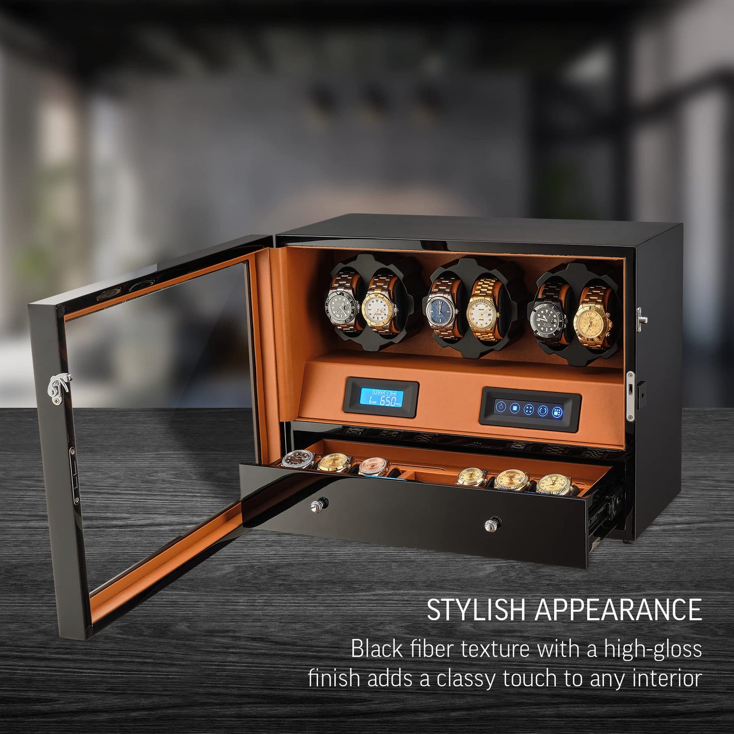 Automatic Watch Winder with 6 Storage Slots, LED Light and Automatic Motor-Stop Option