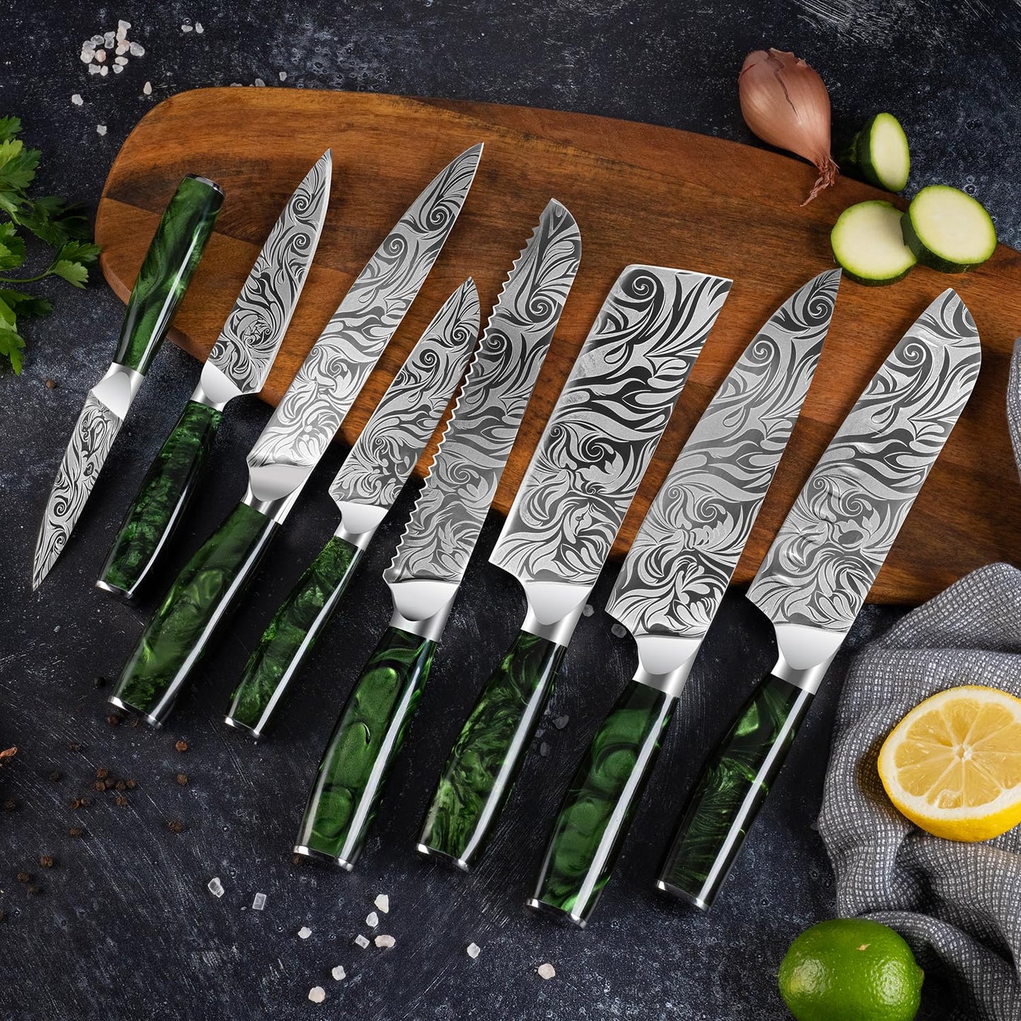 SENKEN Engraved Japanese Kitchen Knife Set with Beautiful Green Resin Wood Handles - Wasabi Collection - Chef's Knife, Bread, Cleaver, Paring, & More (16-Piece Knife Block Set)