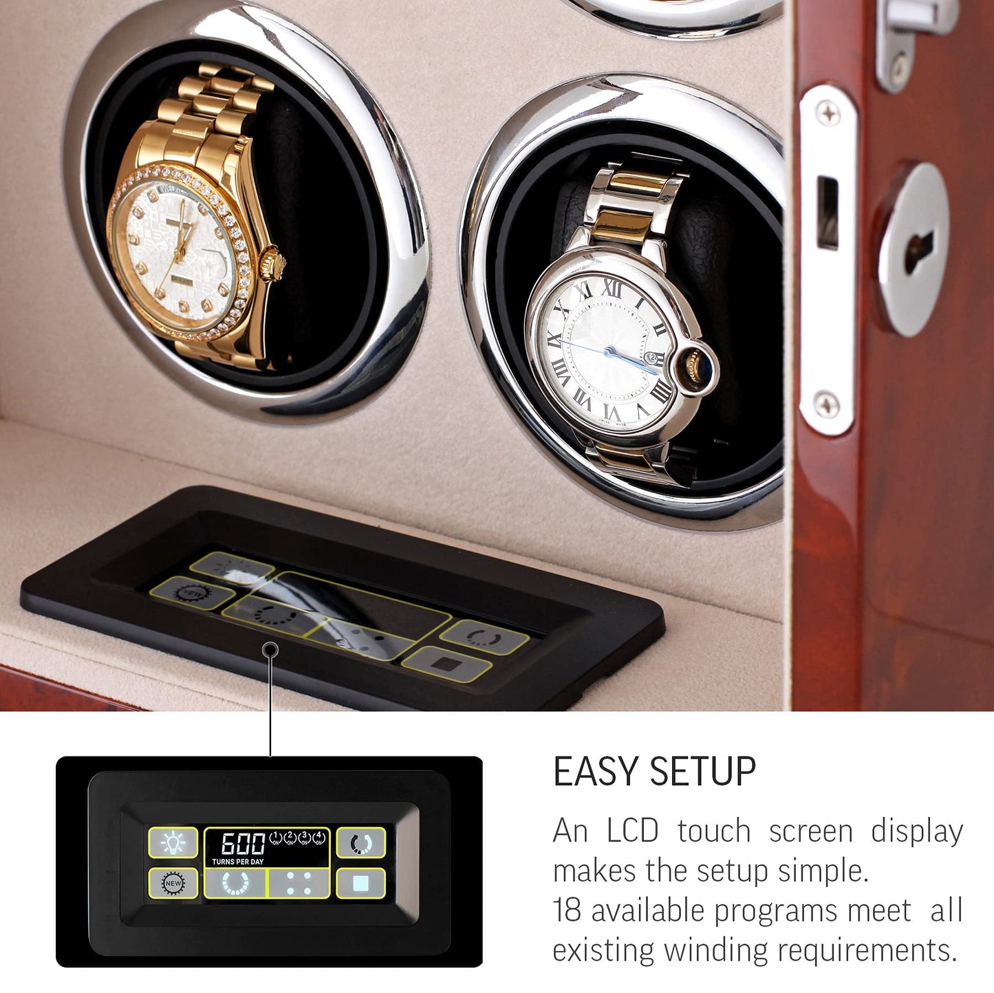 Watch Winder for 4 Watches with LED Backlight, LCD Display and Motor-Stop Option (Dark Burl)