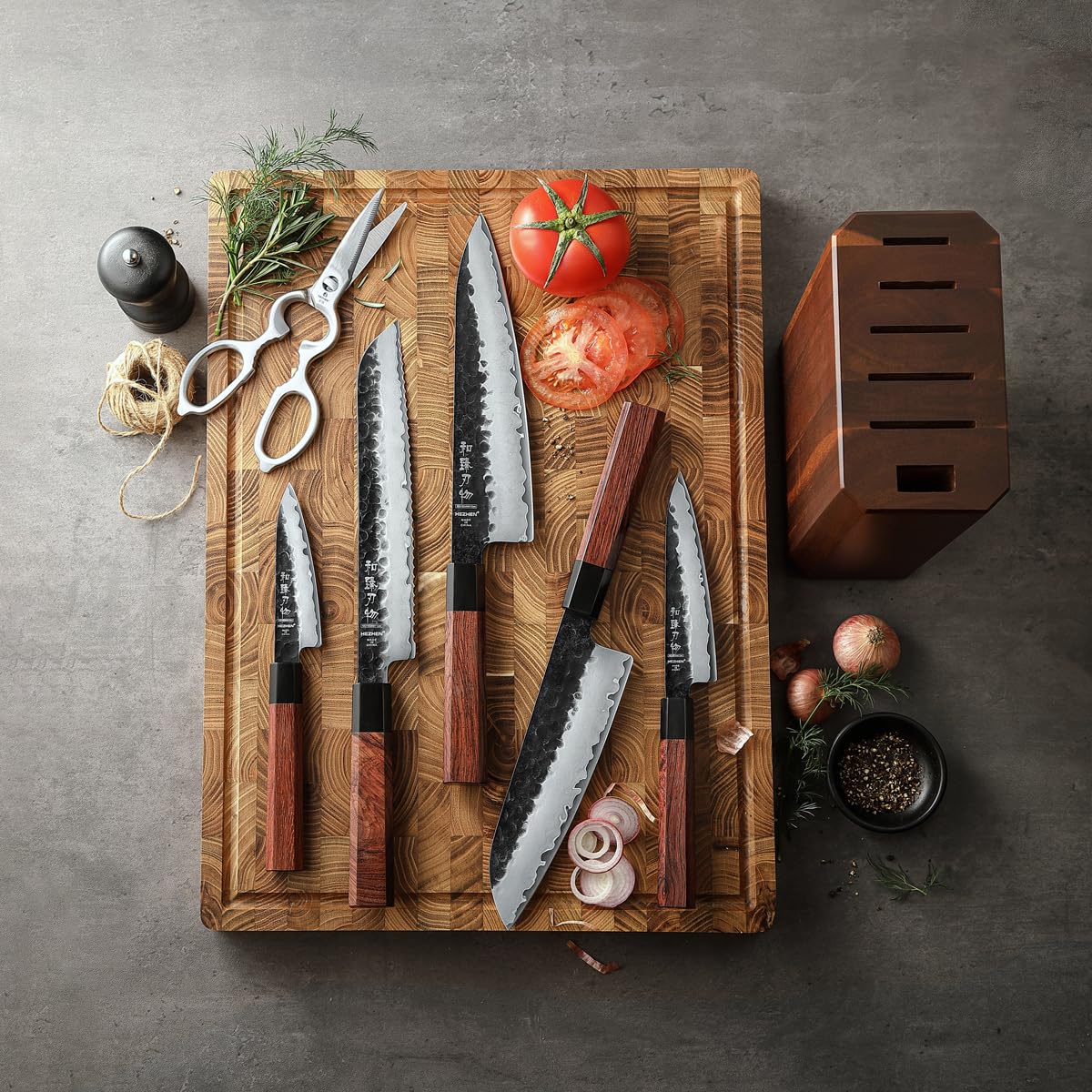 HEZHEN Knife Block Set, 7 Piece Chef Knife Set with Block&Siccor, 3 Layers Clad Steel Kitchen Knife, Kitchen Scissors Acacia Wood Knife Block, Room-saving, Gift Ready Set