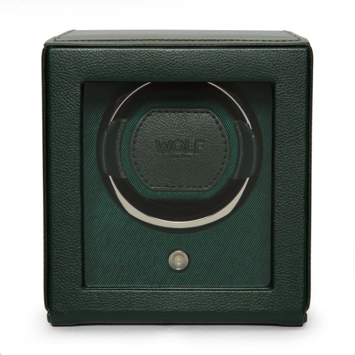 Wolf Cub Single Watch Winder with Glass Cover, Green - Secure Fit with Patented Lock-in Dynamic Cuff - Accommodates All Wrist Sizes - Vegan Leather - Includes Universal Adapter