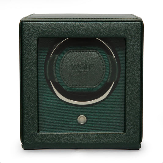 Wolf Cub Single Watch Winder with Glass Cover, Green - Secure Fit with Patented Lock-in Dynamic Cuff - Accommodates All Wrist Sizes - Vegan Leather - Includes Universal Adapter