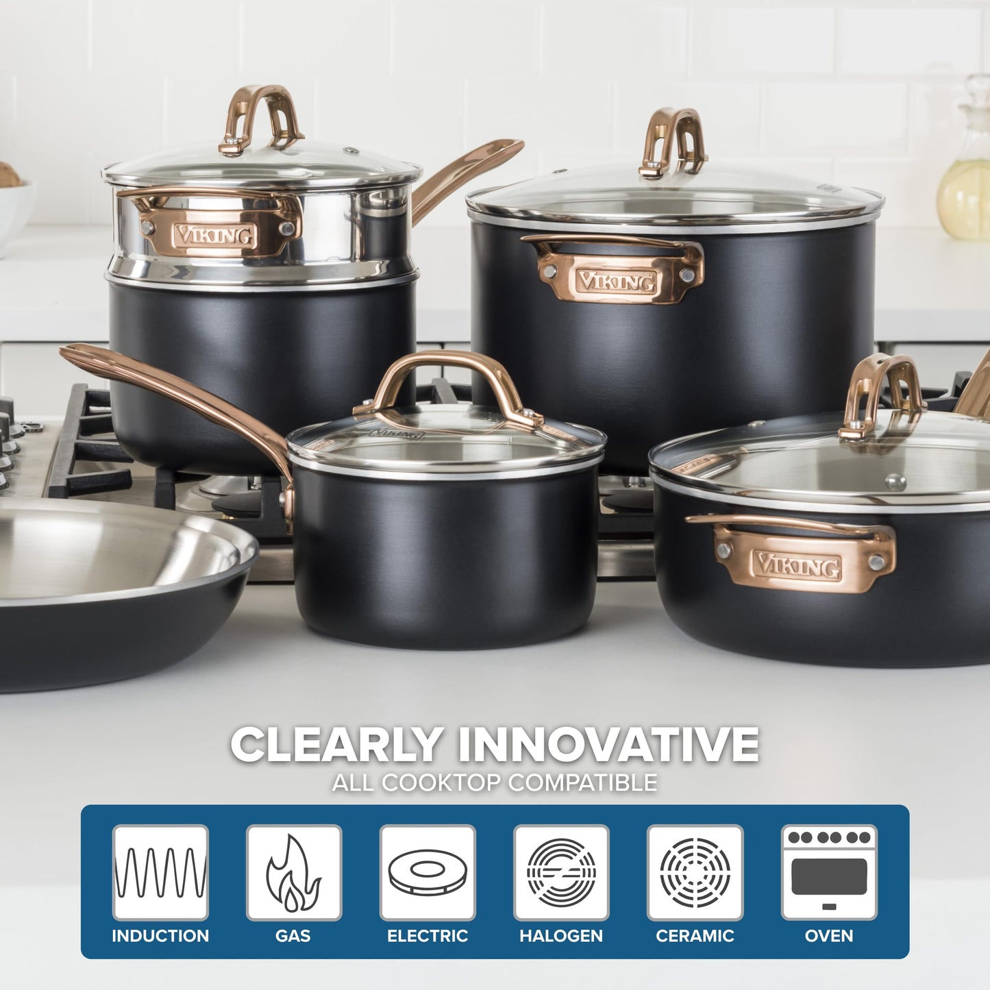 Viking 3 Ply Pots and Pans Set, 11 Piece Stainless Steel Kitchen Cookware with Glass Lids, Black with Copper