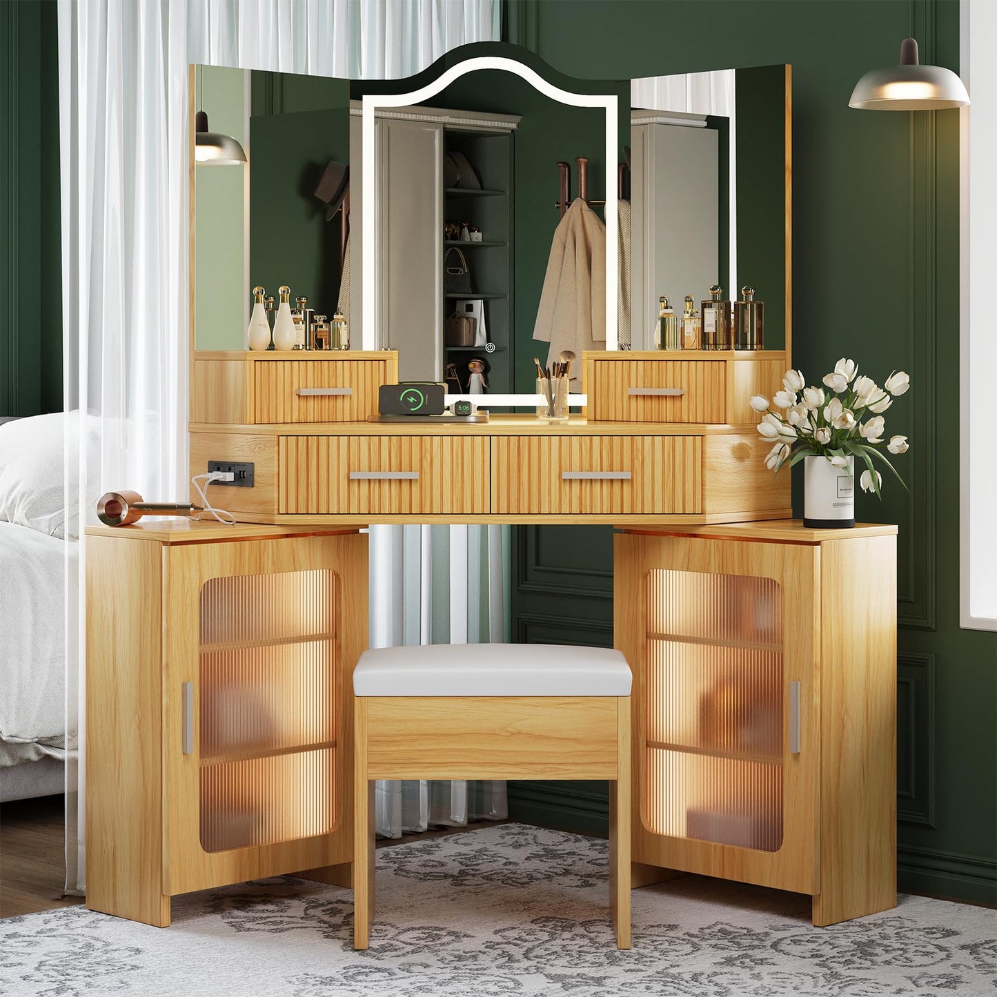 Corner Vanity with Mirror and Lights, Corner Makeup Vanity with 4 Drawers & 2 Cabinets, Vanity Set with Tri-Way Mirrors and Cushioned Stool, Big Vanities with Power Outlet Perfect for Bedroom, Oak