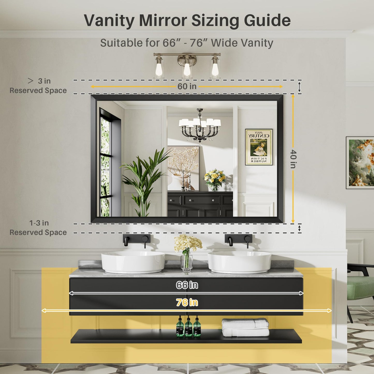Briivue 60x40 Inch Black Bathroom Mirror for Wall, Thick Metal Framed Rectangle Mirrors for Over Sink, Bedroom, Living Room, Entryway, Anti-Rust, HD Tempered Glass