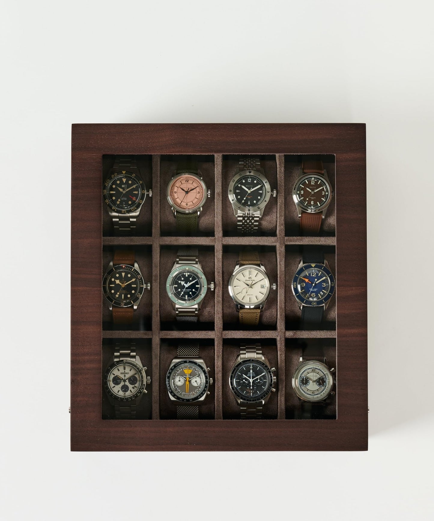 TAWBURY Wooden Watch Case - 12 Slot Wood Watch Box for Men & Women with Glass Display, Protective Fully Lined Interior and 2-inch Wide Pillows for Small & Large Watches (Dark Walnut)