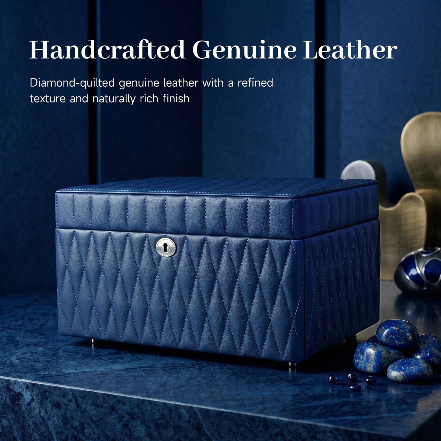 Homruilink Genuine Leather Jewelry Box – 3 Layer Large Jewelry Organizer with Mirror, Lockable Jewelry Box for Women – Necklace, Ring, Earring Organizer with Drawer - Mothers Day Gifts for Mom(Blue)