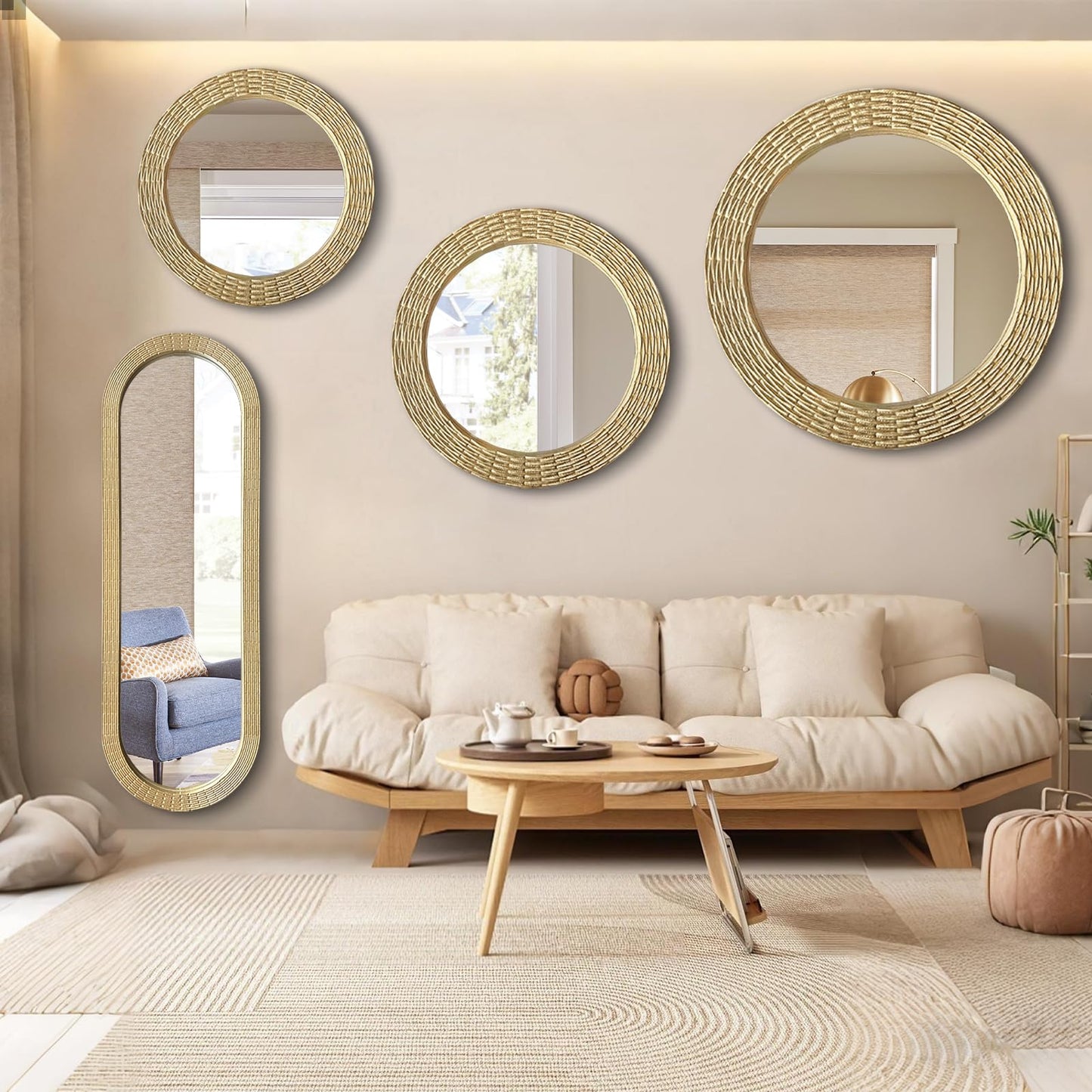 WAMIRRO Gold Round Wood Mirror, 36 Inch Hand Carved Solid Wood Frame Circle Mirror for Wall Mount, Farmhouse Boho Decor for Living Room, Bathroom, Bedroom, Hallway & Entryway