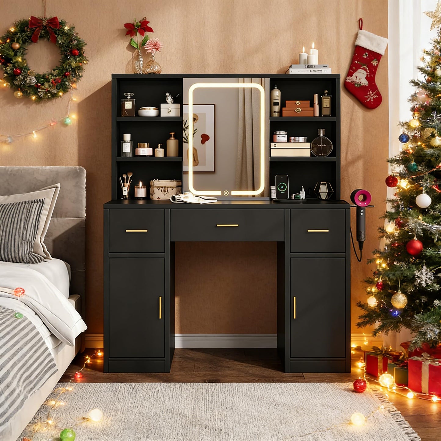 knoworld Vanity Desk with Sliding Mirror & LED Lights, Smart Makeup Table with Charging Station, Hairdryer Holder, 7 Shelves, 3 Drawers, 2 Cabinets, Vanity with Extra Hidden Stroage for Bedroom,Black