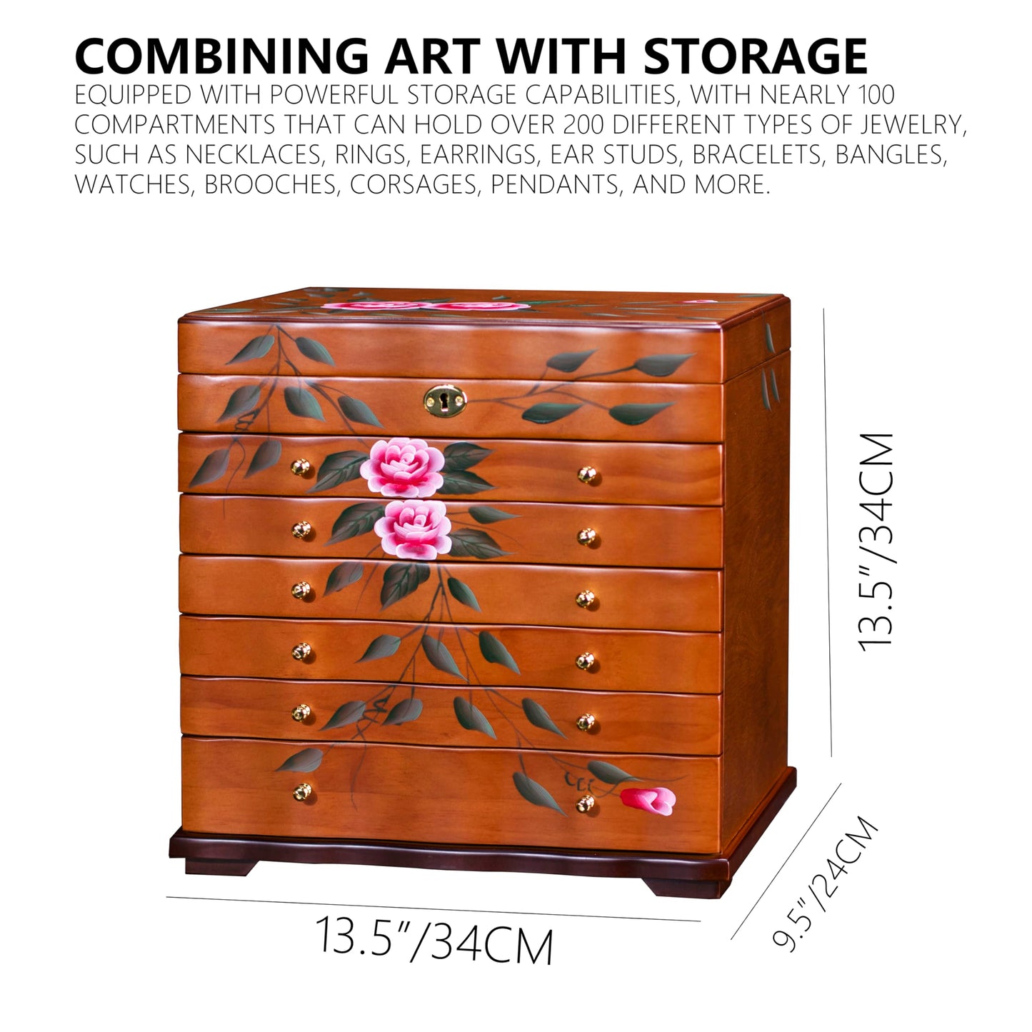 Xloverise Hand-Painted Wooden Jewelry boxes for women,large jewlrey box&organizers for necklace hanger,jewerly organizer,9-layer large capacity jewelry storage box,jewelry cabinet
