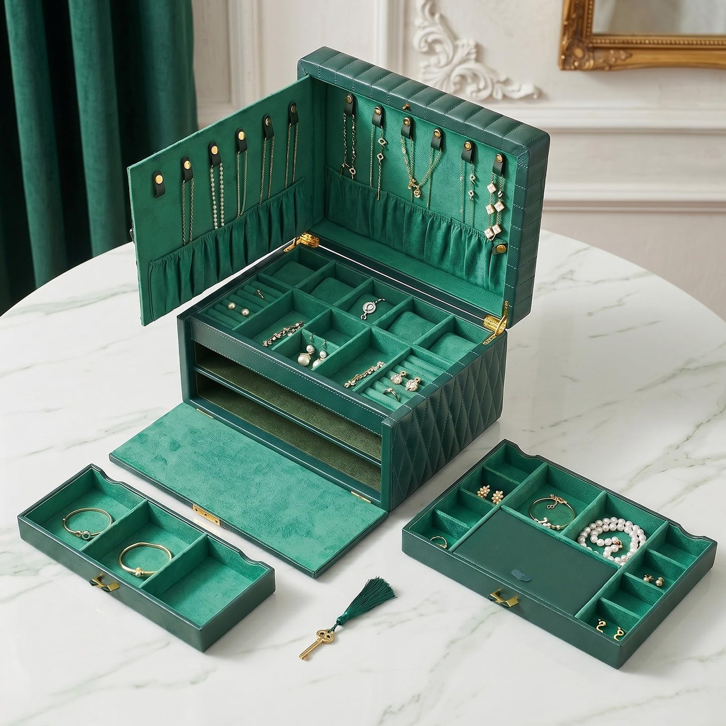Homruilink Genuine Leather Jewelry Box – 3 Layer Large Jewelry Organizer with Mirror, Lockable Jewelry Box for Women – Necklace, Ring, Earring Organizer with Drawer - Ideal Gift (Green)