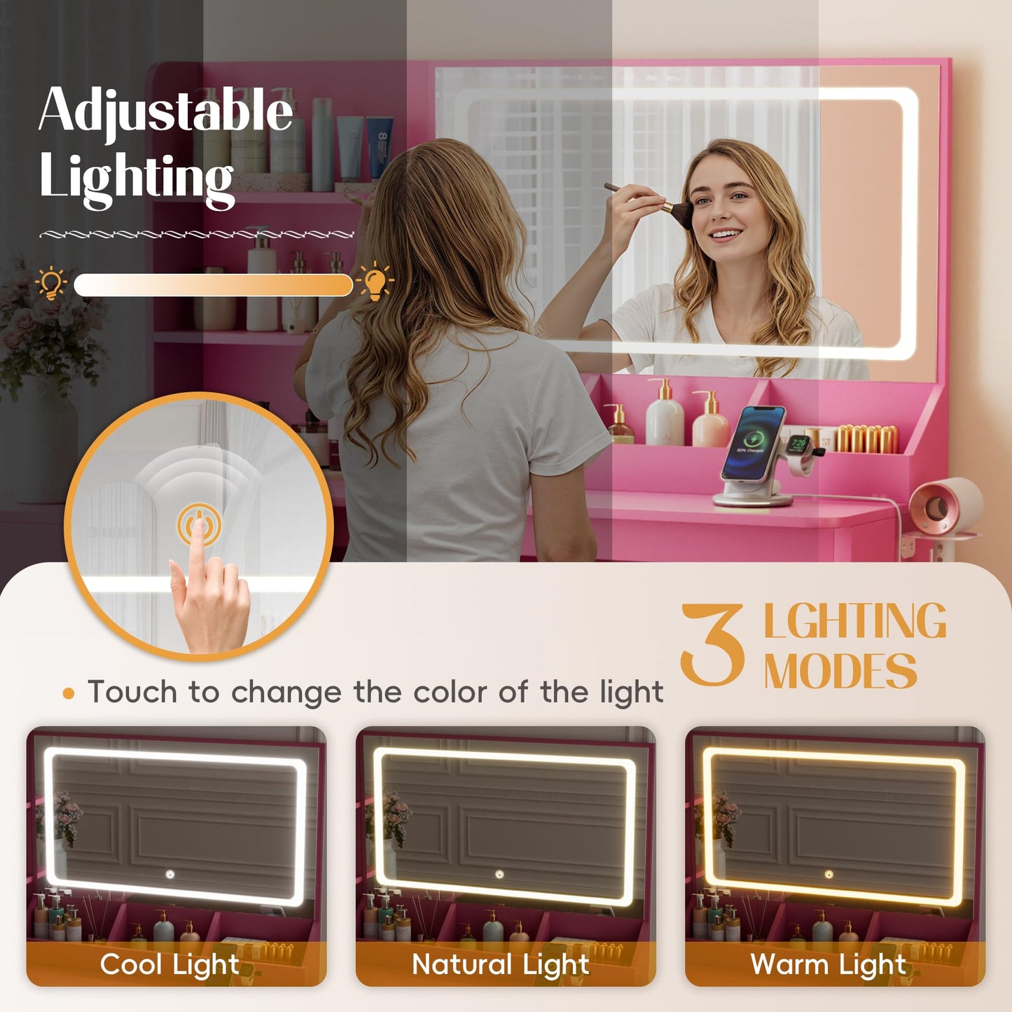 YESHOMY Vanity Desk with Lights and Mirror, L Shaped Makeup Table, Dresser with Hairdryer Holder and Power Outlet, Adjustable 3 Lighting Modes, 5 Drawers and Adjustabled Open Storage Shelves, Pink