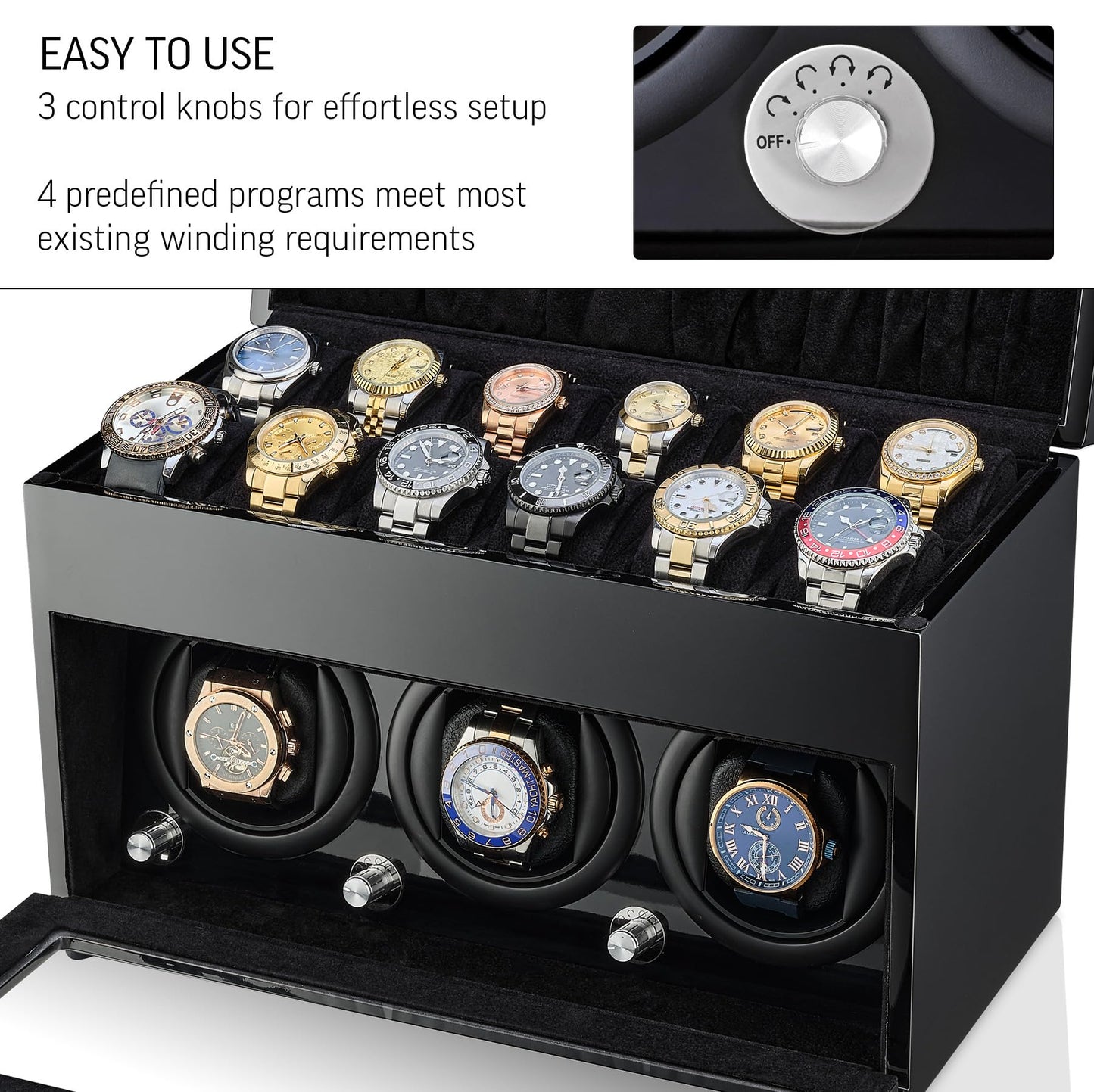 Watch Winder and Storage Box for Winding 3 Automatic Watches and 12 Watch Storage Space (Black+ Black)