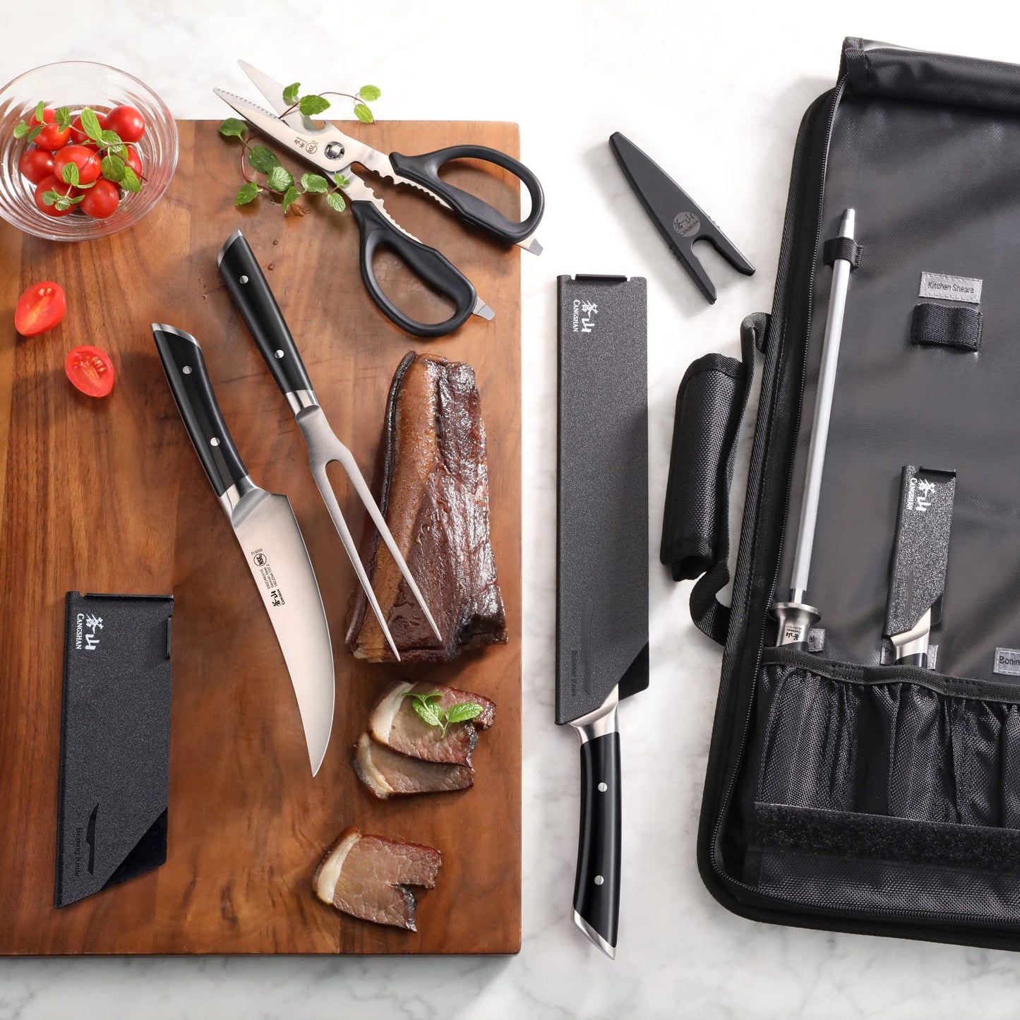 Cangshan HELENA Series German Steel Forged BBQ Knife Set (Black, 9-Piece Bag Set)