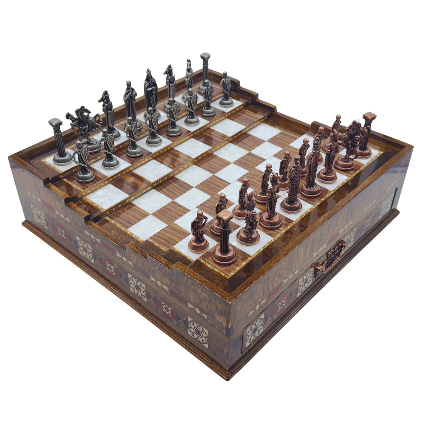 Luxury Handmade Wooden Chess Set with Metal Pieces – Large Walnut & Rosewood Chess Board with Storage Drawers – British Style Chess Pieces for Father’s Day, Birthday, or Christmas