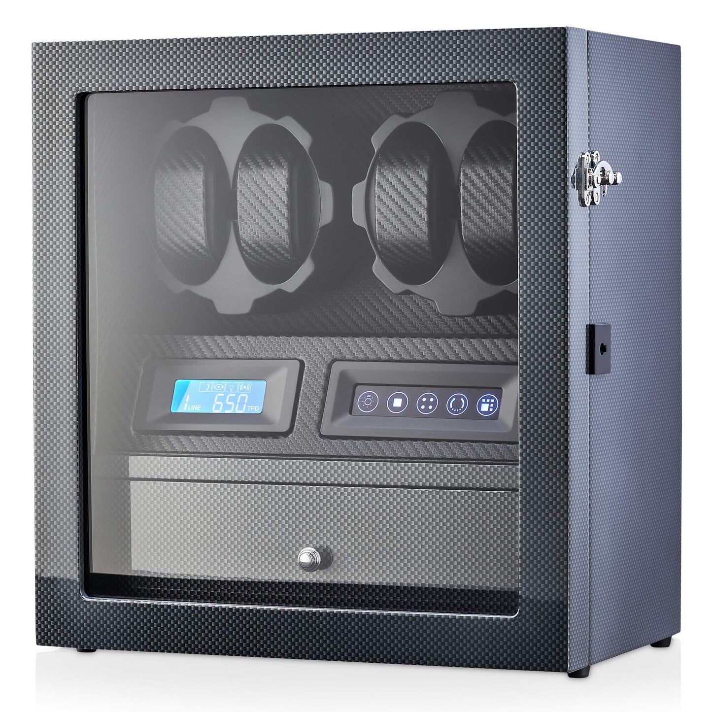 4 Watch Winder with 5 Watch Storage Space, LCD Display, Touch Control and Interior Light (Carbon + Black)