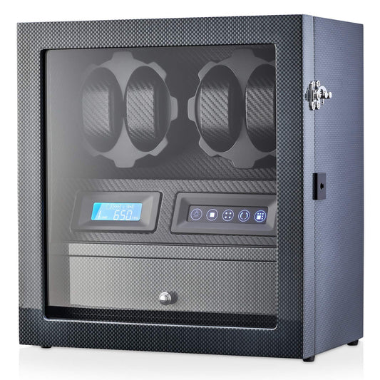 4 Watch Winder with 5 Watch Storage Space, LCD Display, Touch Control and Interior Light (Carbon + Black)