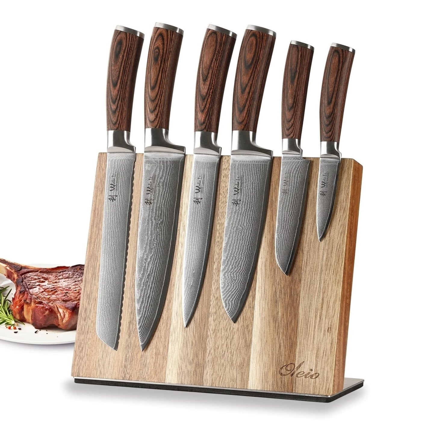 Wakoli EDIB 6-Piece Damascus Knife Block Set – Professional Kitchen Knives with Magnetic Acacia Block – Kitchen Knife Set made of 67-Layer Damascus Steel Blades & Ergonomic Pakkawood Handles