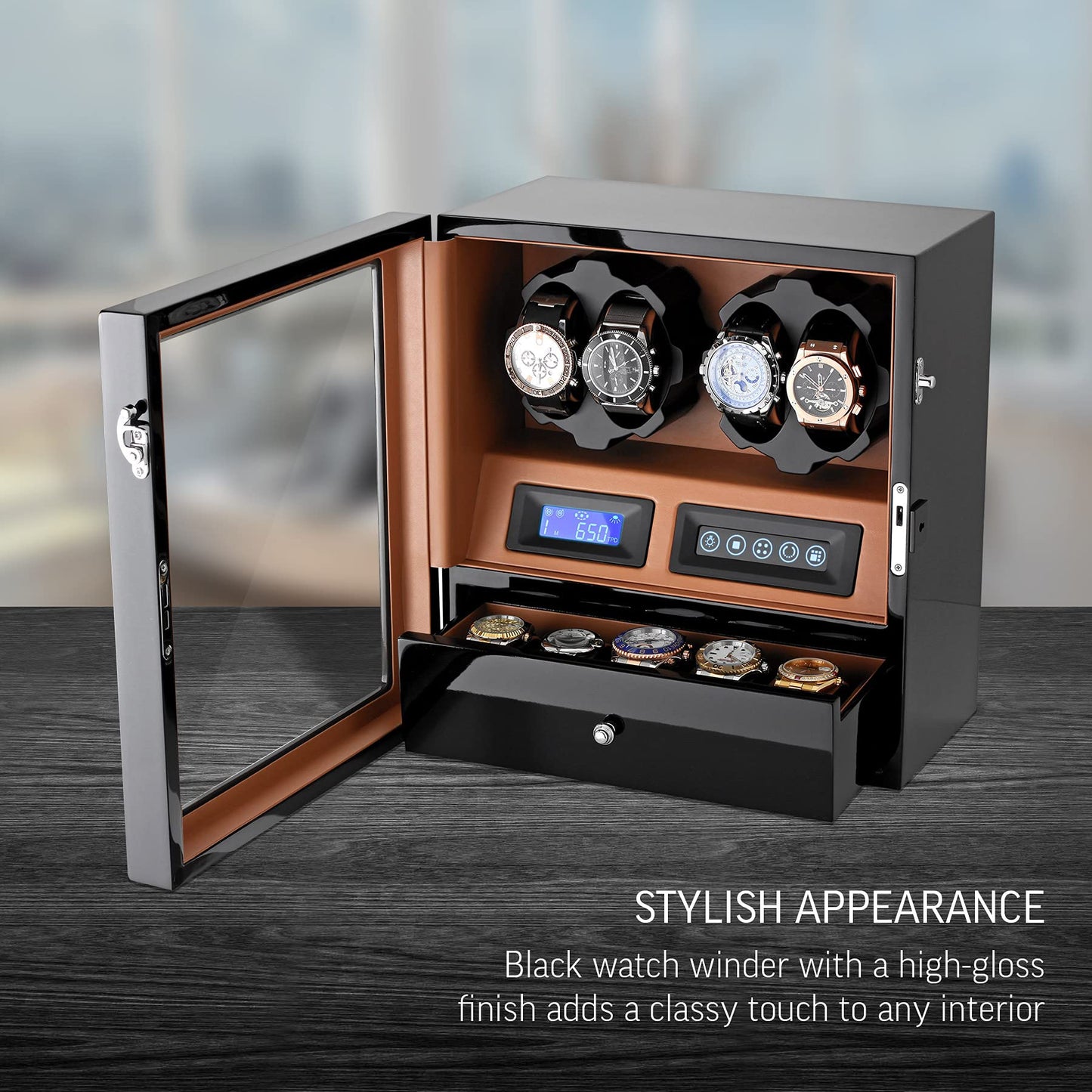 4 Watch Winder with 5 Watch Storage Space, LCD Display, Touch Control and Interior Light (Black + Brown)