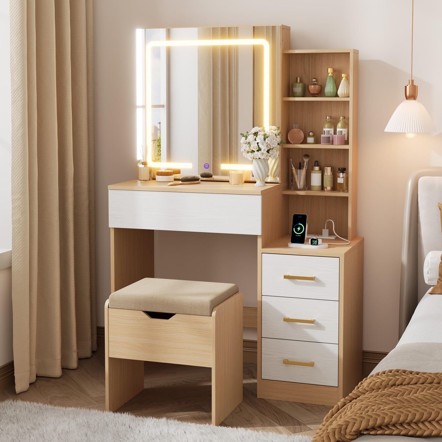 GarveeHome Makeup Vanity Desk with Sliding Mirror, Vanity Dressing Table with 3 Color Adjustable Lights, Girls Vanity Set with Stool, 4 Compact Vanity Drawers, Power Outlet, Natural