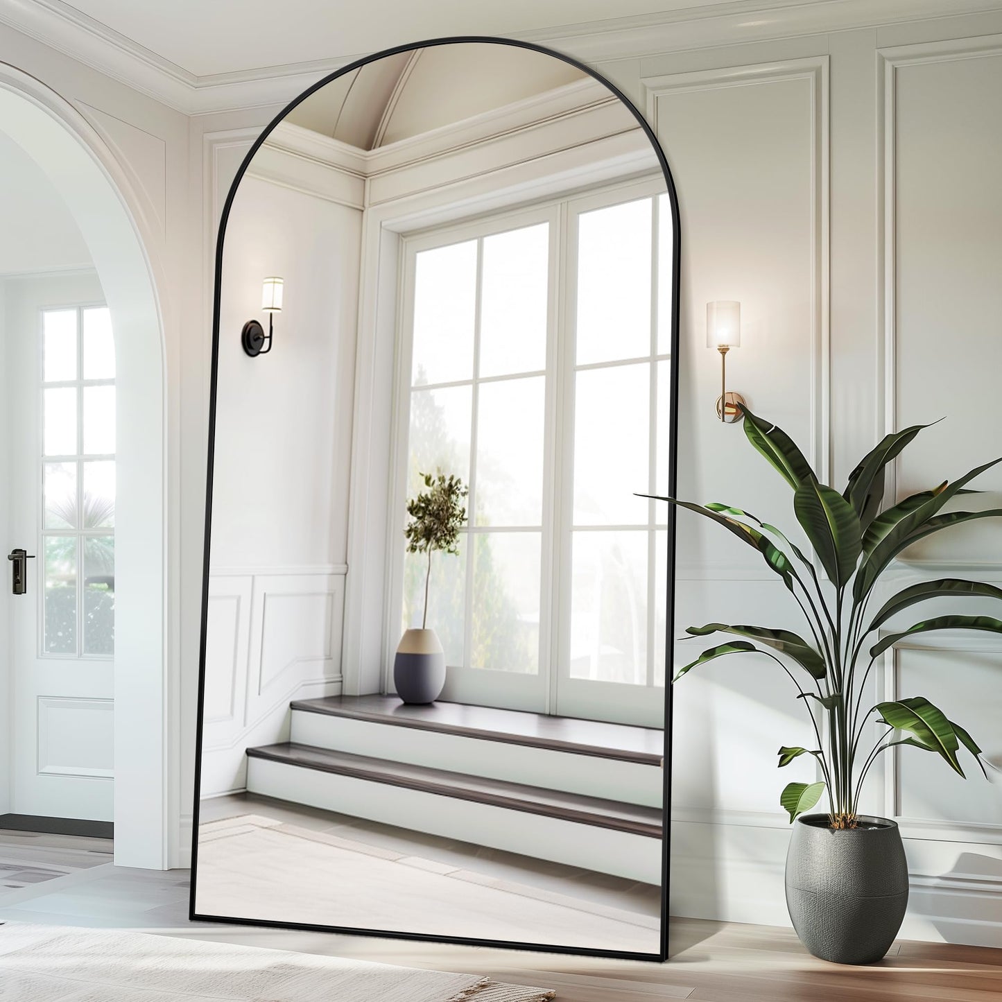 Antok 91" x46” Arched Full Length Floor Mirror, Black Aluminum Frame, Free Standing/Wall Mount/Leaning for Bedroom, Living Room, Dressing Room