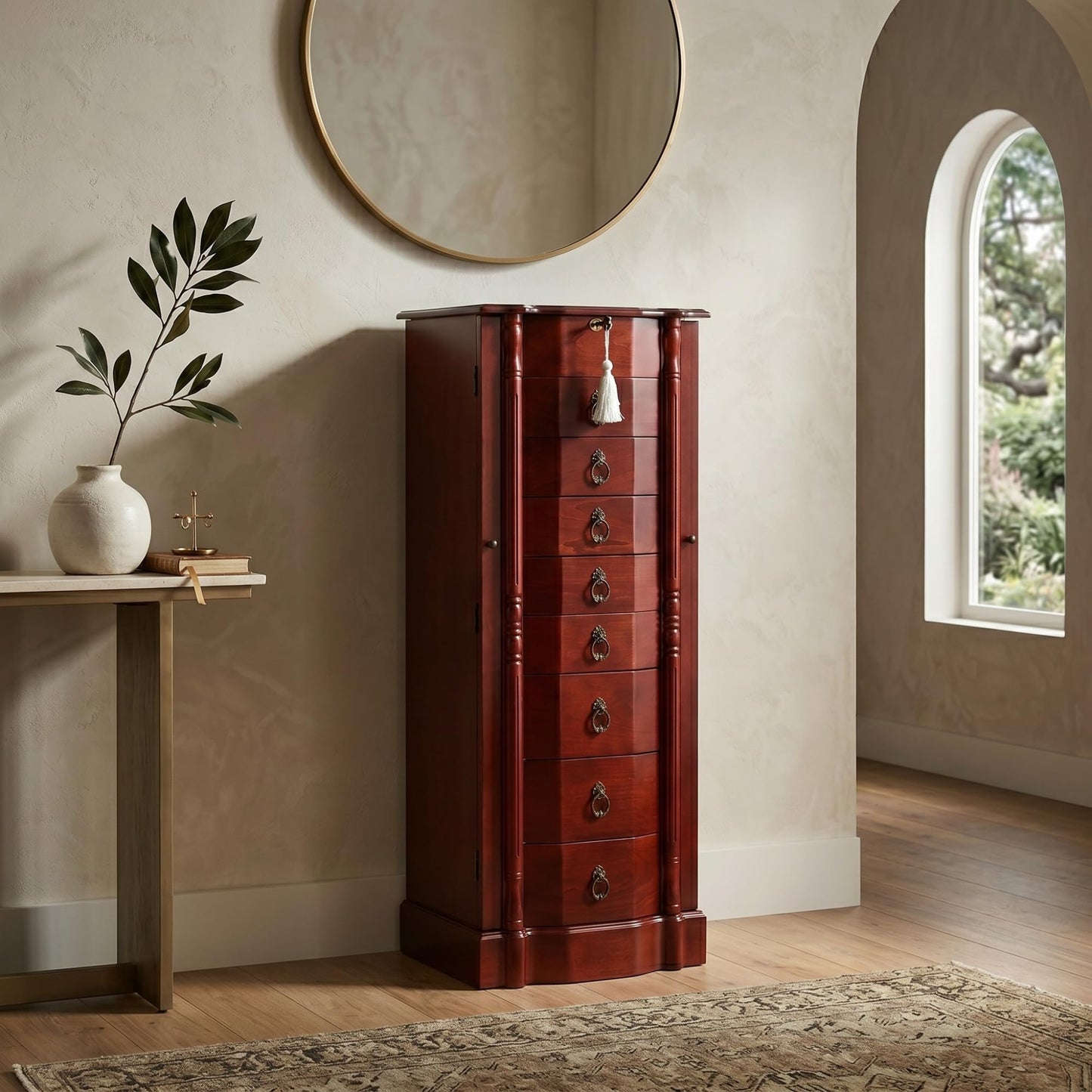 Hives and Honey Francesca Traditional Standing Jewelry Armoire Cabinet, Antique Locking Storage Organizer with Mirror, 8 Drawers, Necklace Hooks, Anti-Tarnish Lining, Cherry