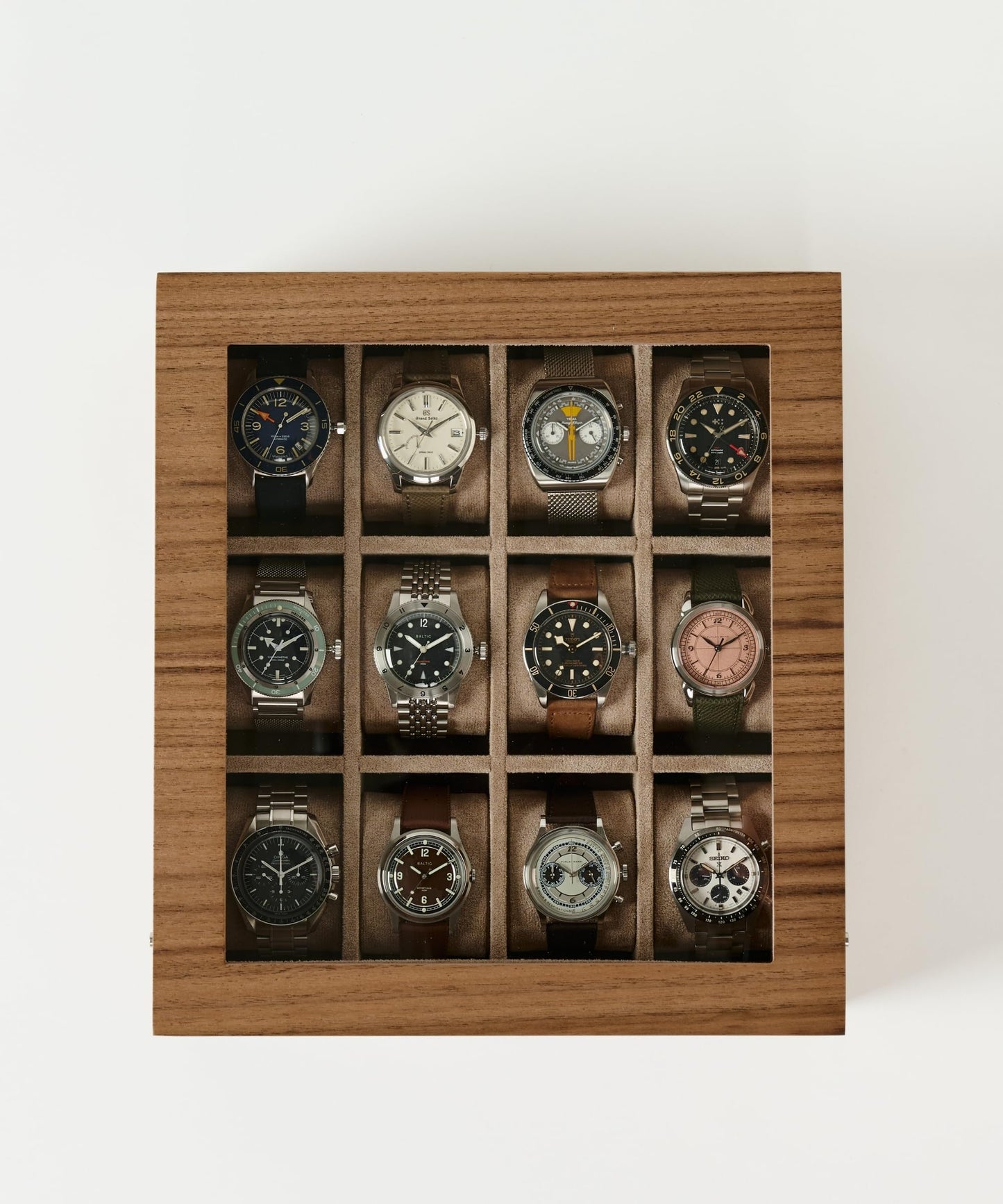 TAWBURY Wooden Watch Case - 12 Slot Wood Watch Box for Men & Women with Glass Display, Protective Fully Lined Interior and 2-inch Wide Pillows for Small & Large Watches (Classic Walnut)