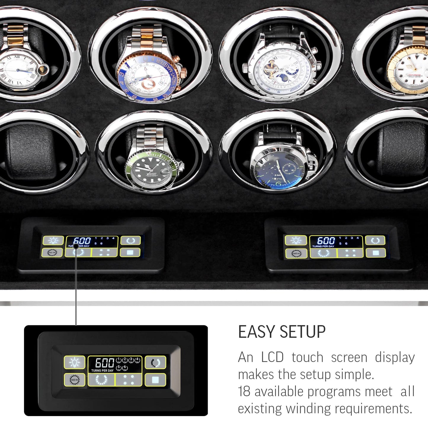 12 Watch Winder for Automatic Watches with LED Light and LCD Touchscreen Control (White)