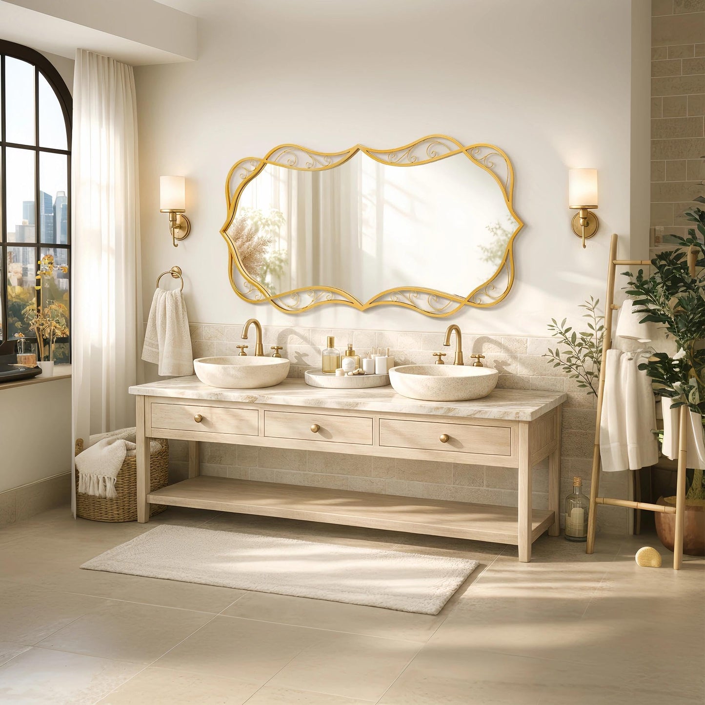 Besdomus Large Bathroom Gold Mirror: 30"x60" Scalloped Modern Long Full Length Vanity Wall Mirror - Farmhouse Decorative Vertical or Horizontal Hanging for Bathroom/Entryway/Fireplace/Bedroom