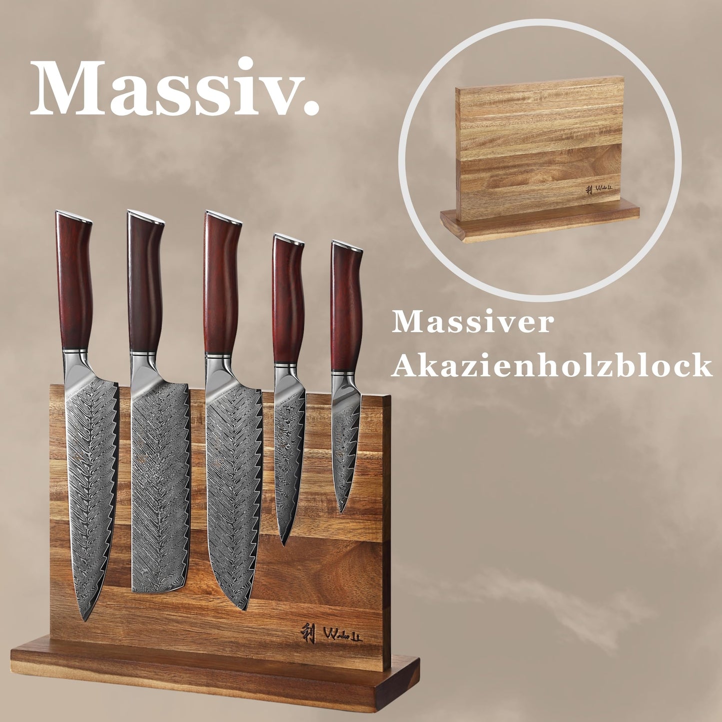 Wakoli Rose Elegance Knife Block Set – 5-Piece Professional Damascus Kitchen Knife Set with Magnetic Block – 67-Layer Damascus Steel with VG10 Core, Ergonomic Rosewood Handles in Gift Box