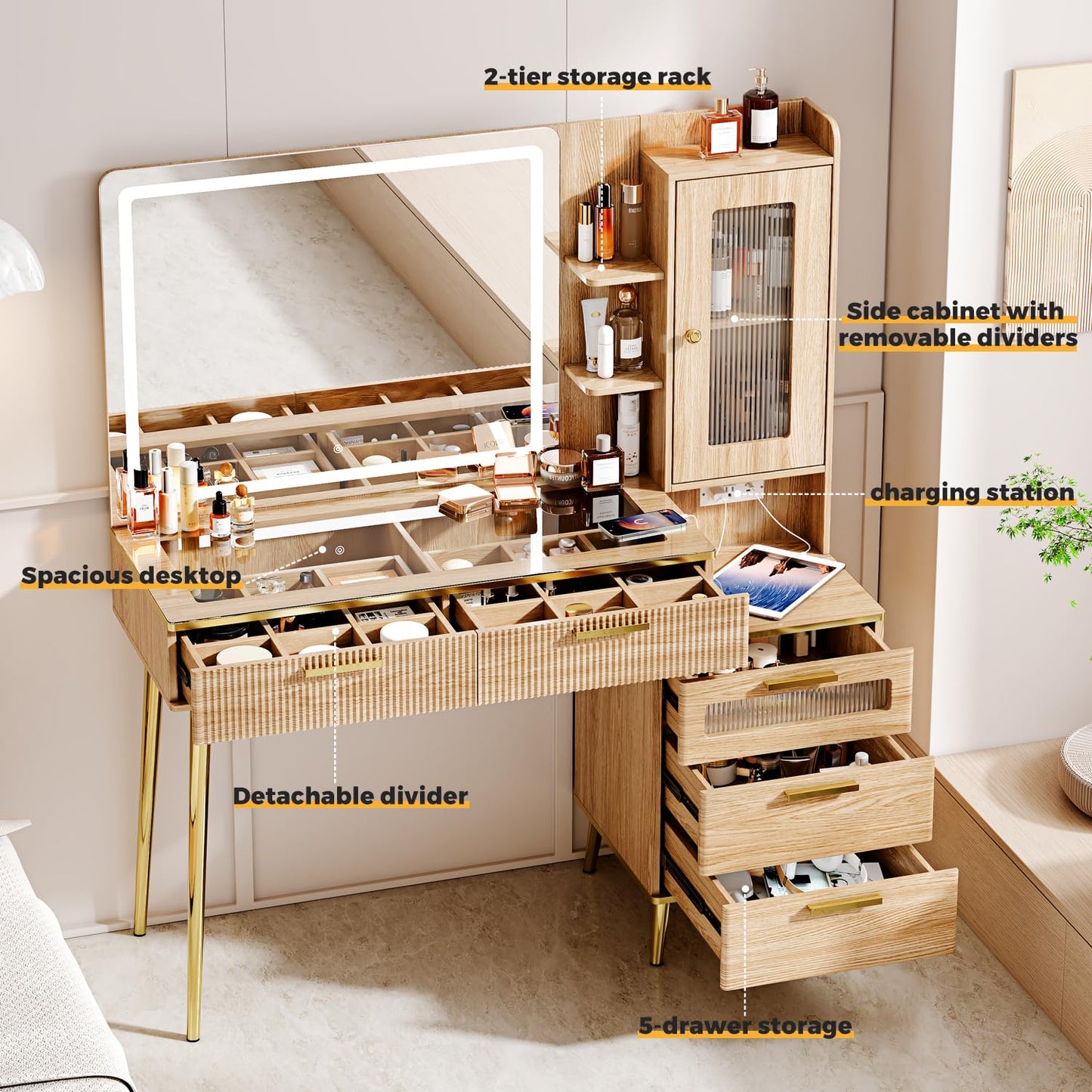 Arulvmrn Vanity Desk with Mirror and Lights, with Power Outlet and 10 Lights Modern Capacity Makeup Vanity with 3 Drawers, Makeup Table for Bedroom,Makeup Room,White