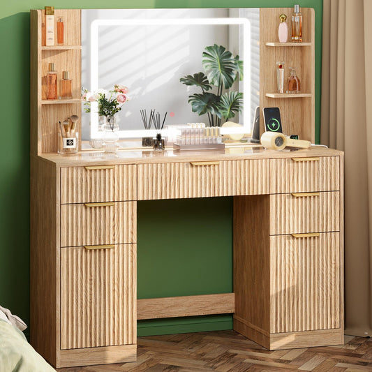 Fkhouse Fluted Vanity Desk with 30.2" Mirror and Lights, Glass Top Makeup Vanity with Desktop Light Strips, 5 Drawers, 2 Cabinet & 6 Open Shelves, Power Outlet, Lighting Adjustable,Natural