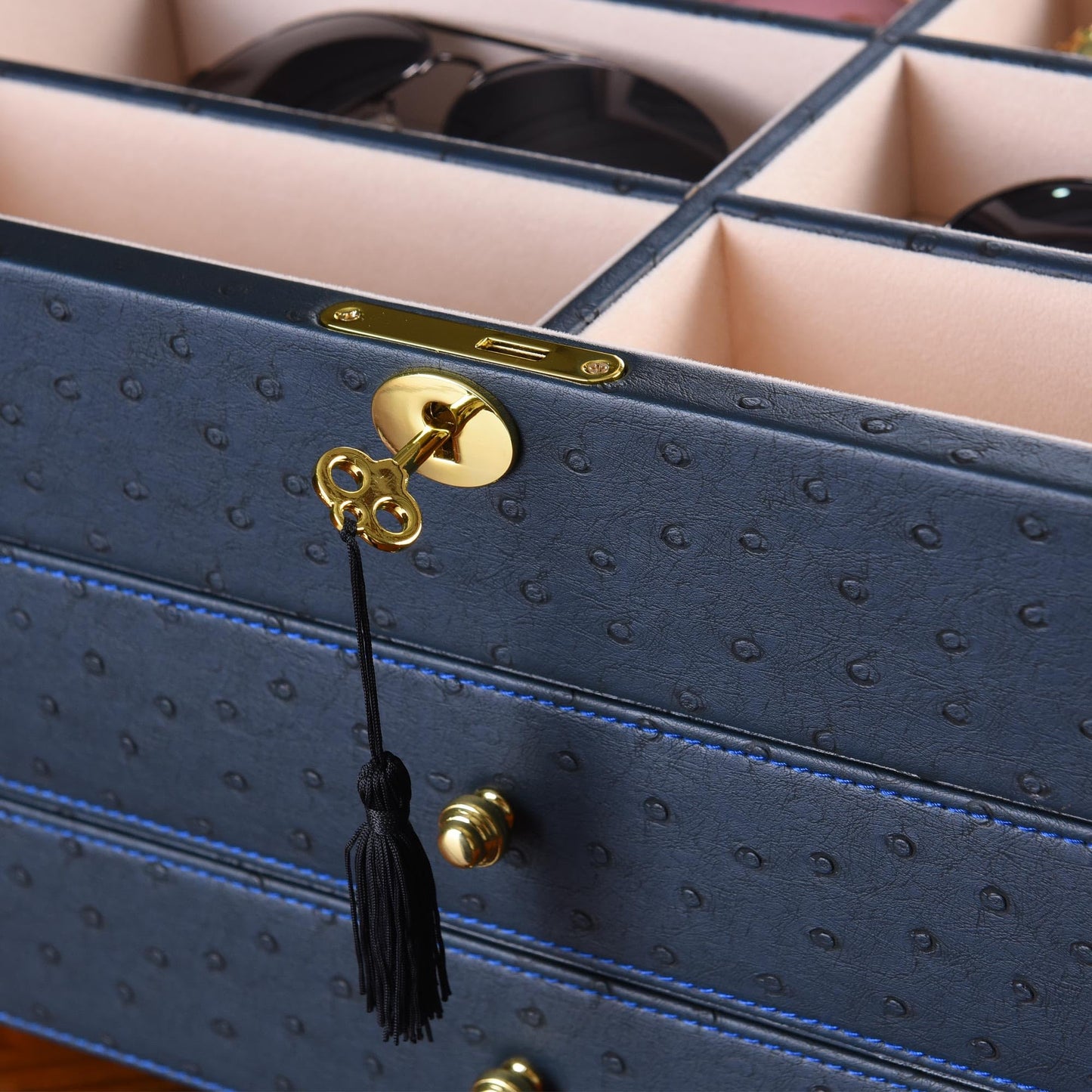 SYENS Luxury Sunglasses Organizer, 24 Slot Glasses Storage Box for Women Men, PU Leather Box for Eyeglass Display Case (Blue Ostrich skin PU)
