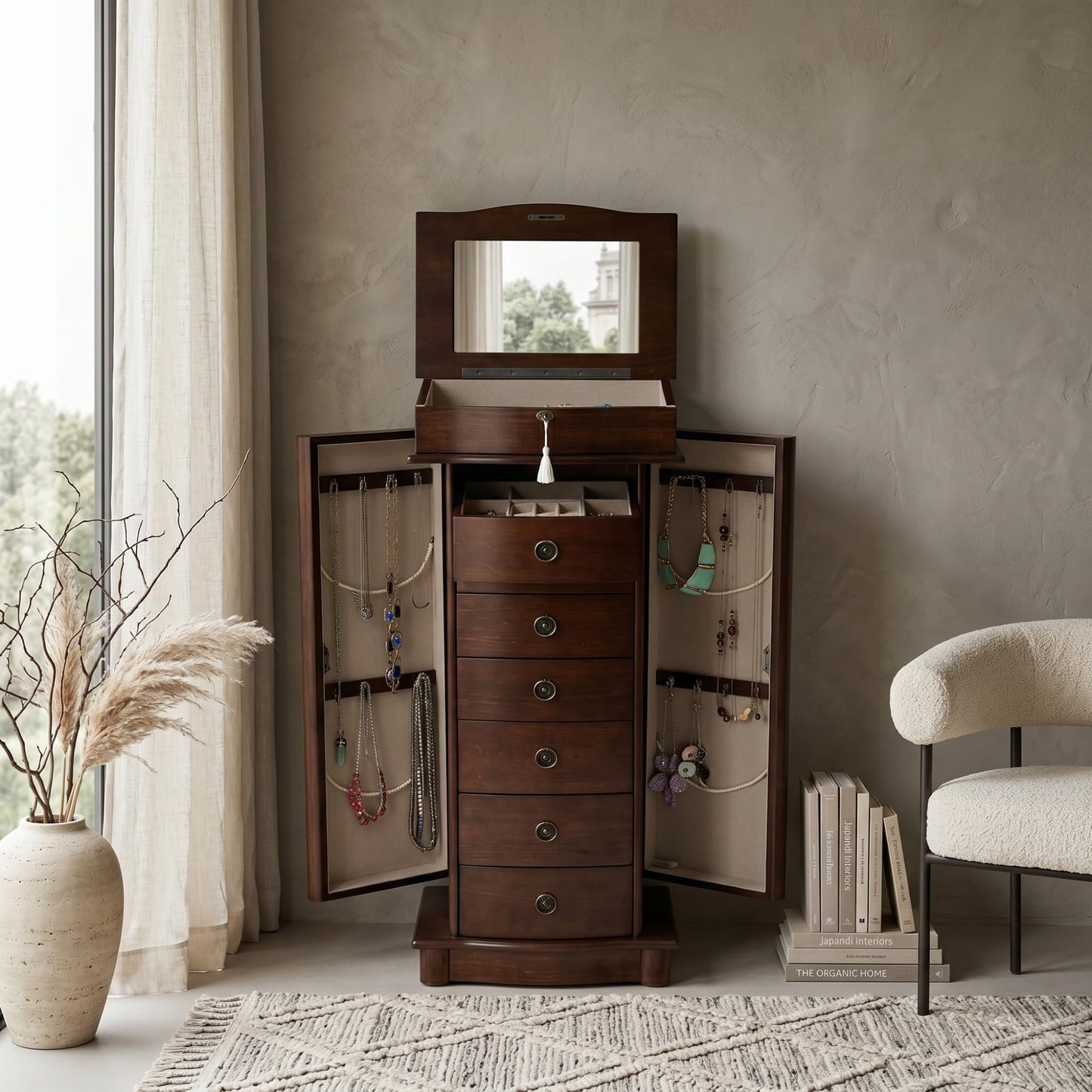 Hives and Honey Nora Jewelry Armoire Cabinet with Mirror – 7 Drawers, Locking Top, Necklace Hooks, Anti-Tarnish Felt – Traditional Standing Jewelry Organizer for Women, Walnut