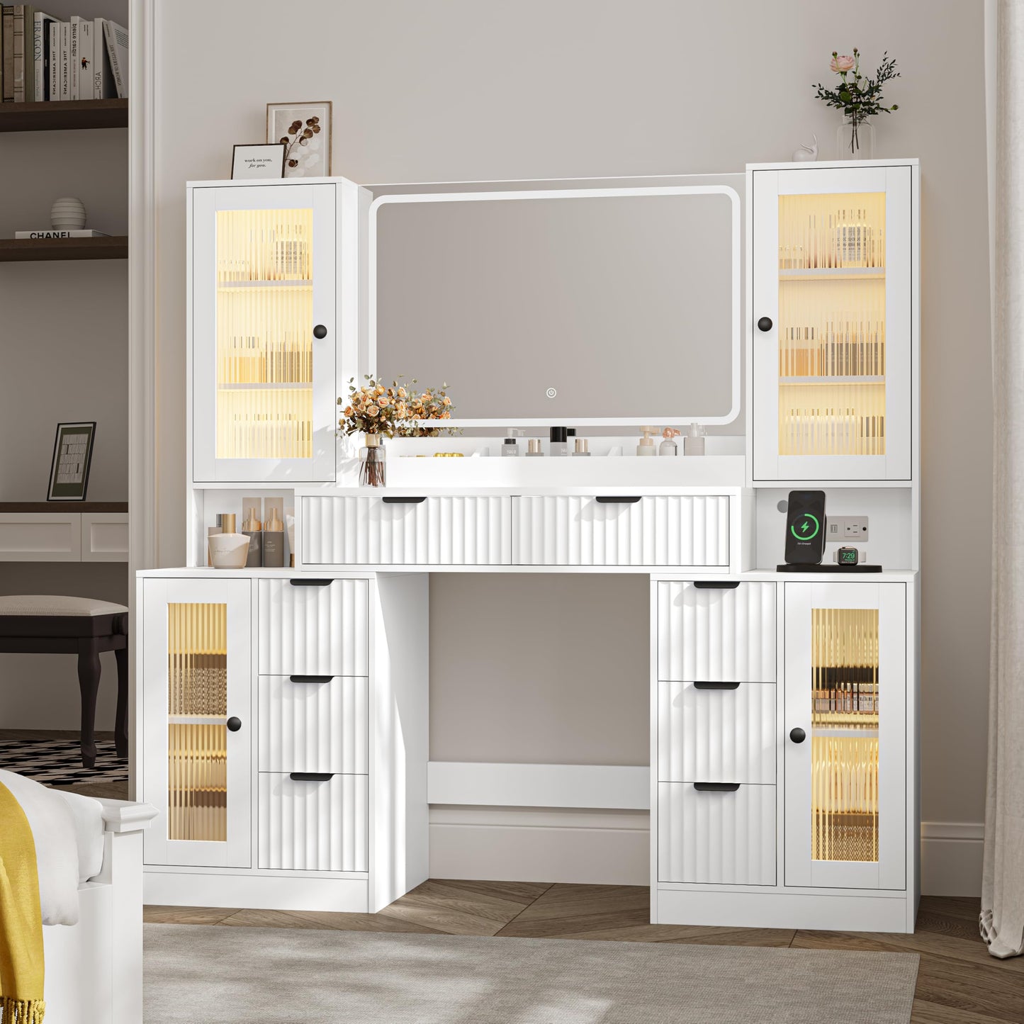 Fluted Makeup Vanity Desk with Mirror and Lights, 55" Glass Top Vanity with 8 Drawers & 4 RGB Glass Cabinets, Adjustable Shelves & Power Outlet, Modern Dressing Table Set for Women Girls Bedroom
