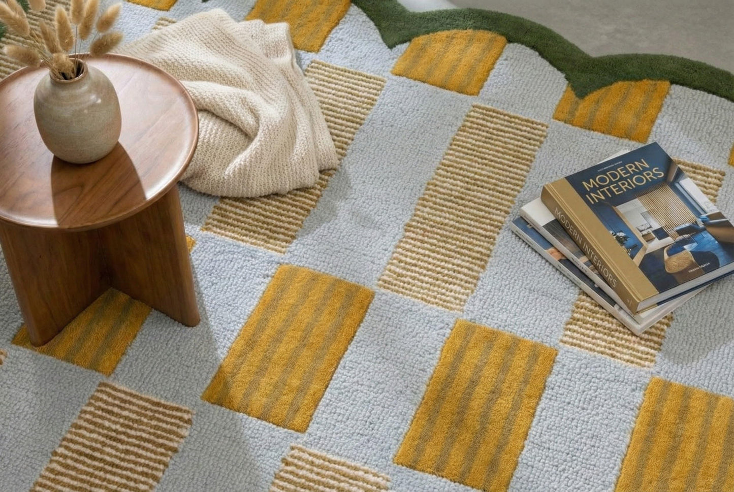 RUGWYN Hand-Tufted Scalloped Wool Area Rug, Modern Plaid Checkered Pattern, Soft & Durable Cozy Accent Rug for Living Room, Bedroom & Nursery, Handmade Decorative Floor Carpet (Light Blue, 8' x 10')