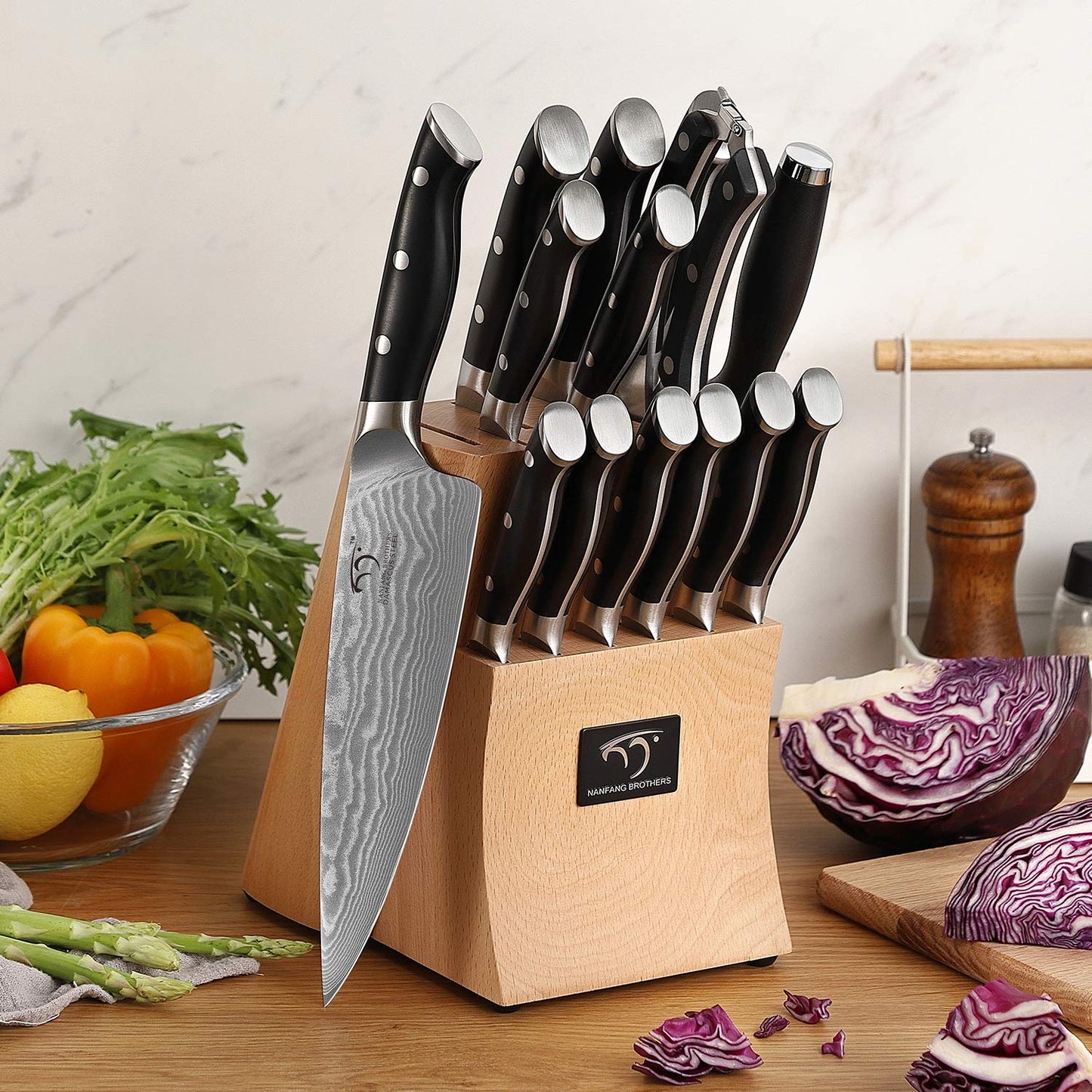 NANFANG BROTHERS 15-Piece Damascus Kitchen Knife Sets with Japanese 67-Layer Damascus Steel, ABS Ergonomic Handle for Chef Knife Set, Ultra Sharp Knife Set with Sharpener, Beechwood Block