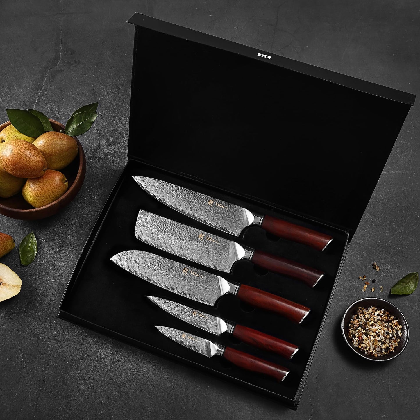 Wakoli Rose Elegance Knife Block Set – 5-Piece Professional Damascus Kitchen Knife Set with Magnetic Block – 67-Layer Damascus Steel with VG10 Core, Ergonomic Rosewood Handles in Gift Box