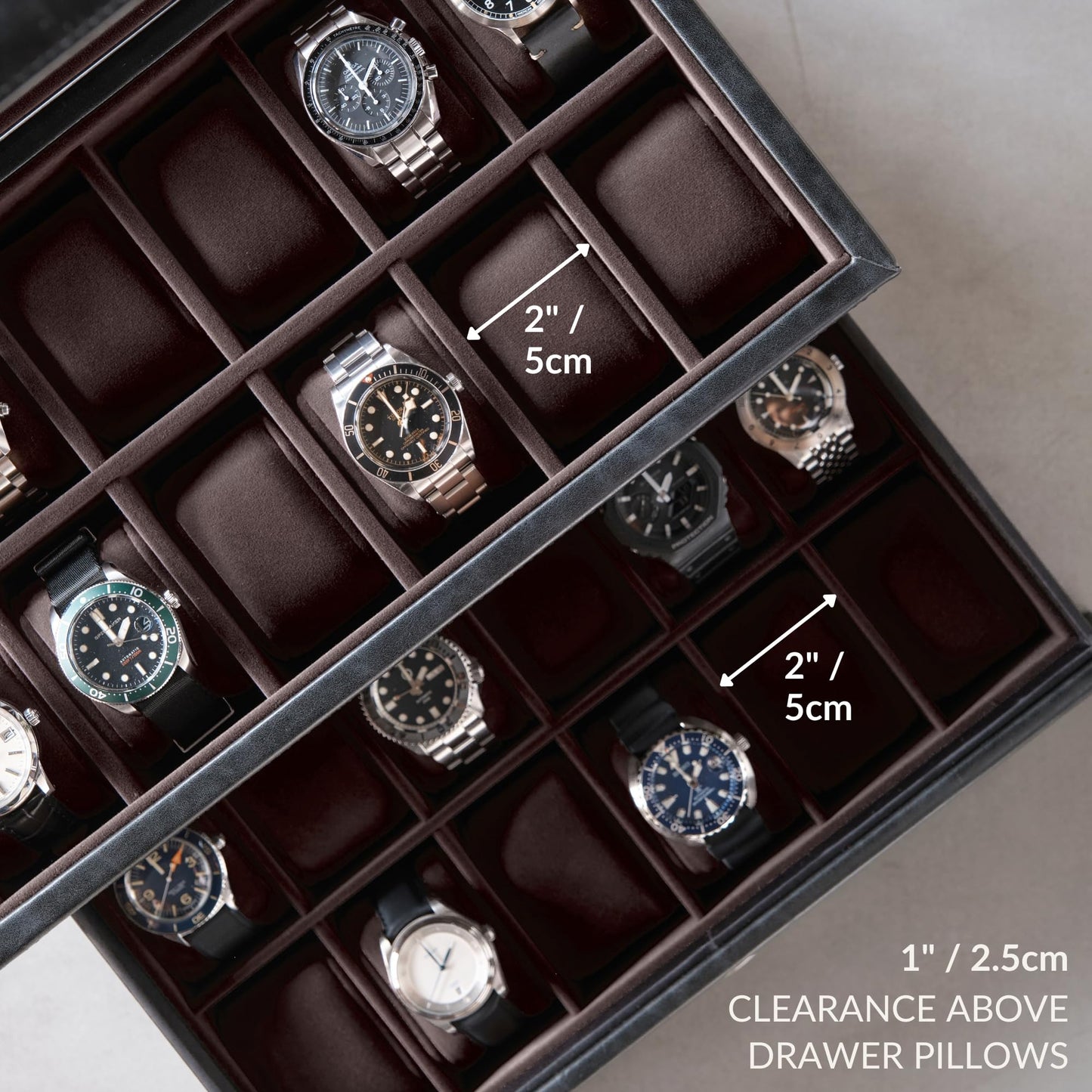 TAWBURY Watch Box for Men - Extra Large 24 Slot Watch Case with Real Glass Display, Removable Drawer and 2-inch Wide Pillows for Large Watches (Black/Charcoal)