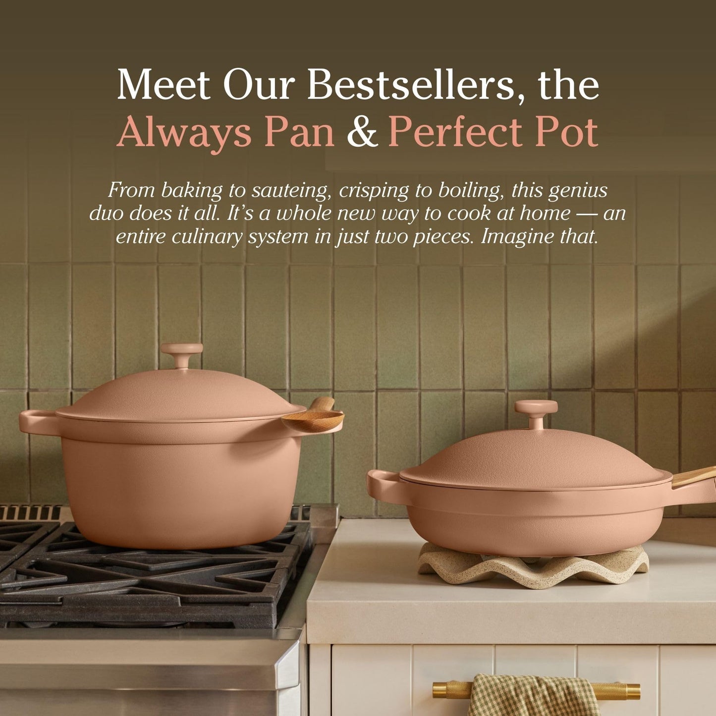 Our Place Cookware Duo | 7-Piece Ceramic Cookware Set with 10.5" Always Pan 2.0, 5.5 Qt Perfect Pot & Strainer Basket | Induction & Oven Safe up to 450°F | Nonstick, Non-Toxic Cookware | Sage