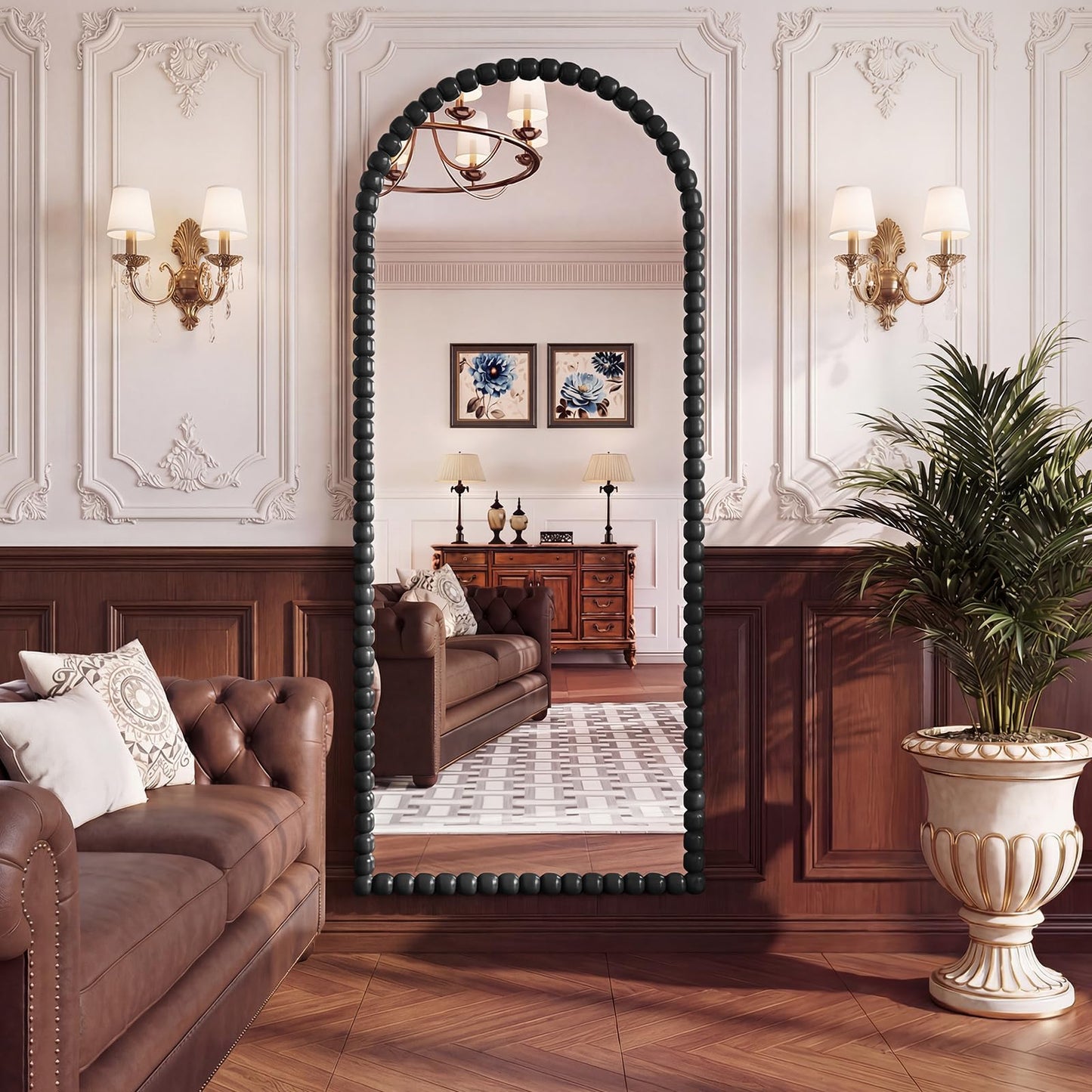 FlyEcho Arched Full Length Mirror, 71"x28" Antique Beaded Full Body Mirrors, Large Floor Mirror with Stand, Hanging Mounted for Bedroom Living Room Cloakroom Hallway Decor, PU Frame, Black