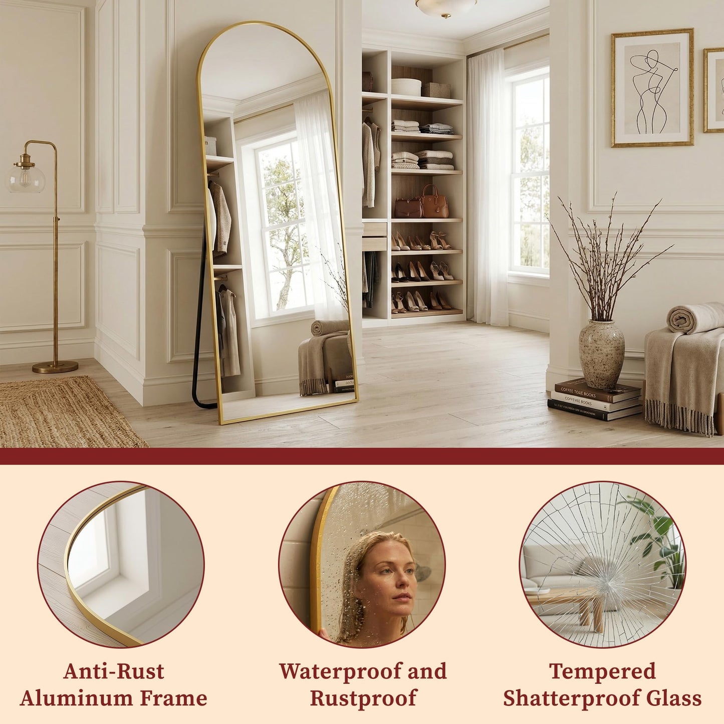 Suidia 76"x44" Arched Full Length Mirror with Stand, Full Body Mirror with Aluminum Frame, Freestanding/Leaning/Wall-Mounted, Floor Mirrors for Bedroom, Living Room, Entryway, Dressing Room, Gold