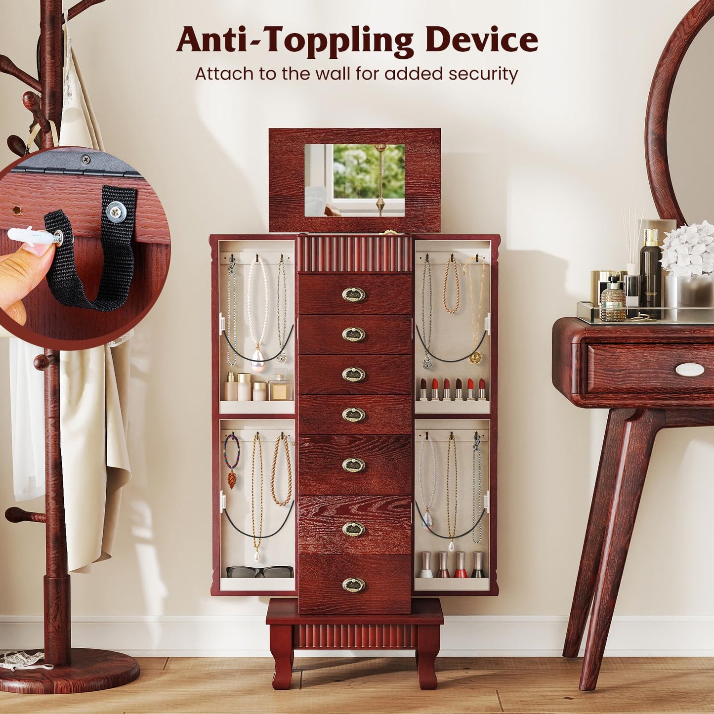 Giantex Standing Jewelry Cabinet with 7 Drawers, Flip-Top Mirror, 2 Side Doors with 12 Necklace Hooks, Divided Ring Compartments, Velvet-Lined Jewelry Armoire Organizer Chest (Cherry)